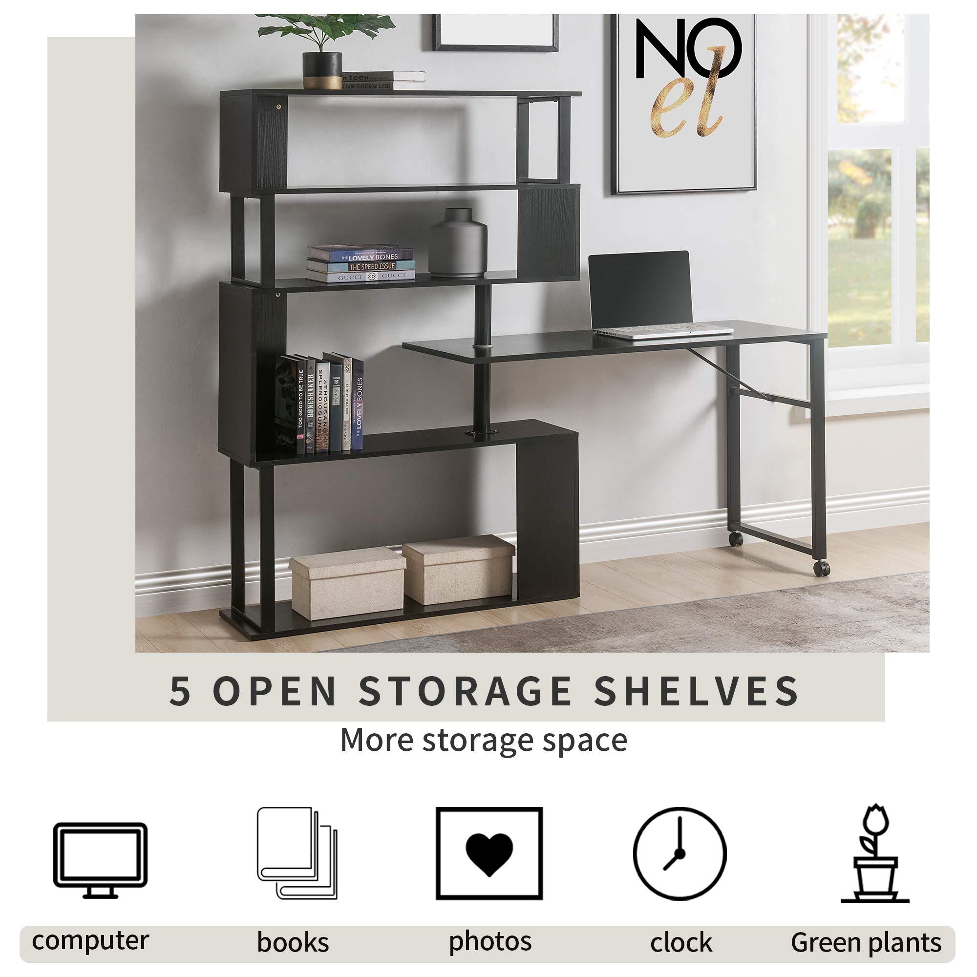 HomeLoft Basics Home Office Computer Desk L-Shaped Corner Table, Rotating Computer Table with 5-Tier Bookshelf, Four Installation Methods, Lockable Casters (Black)