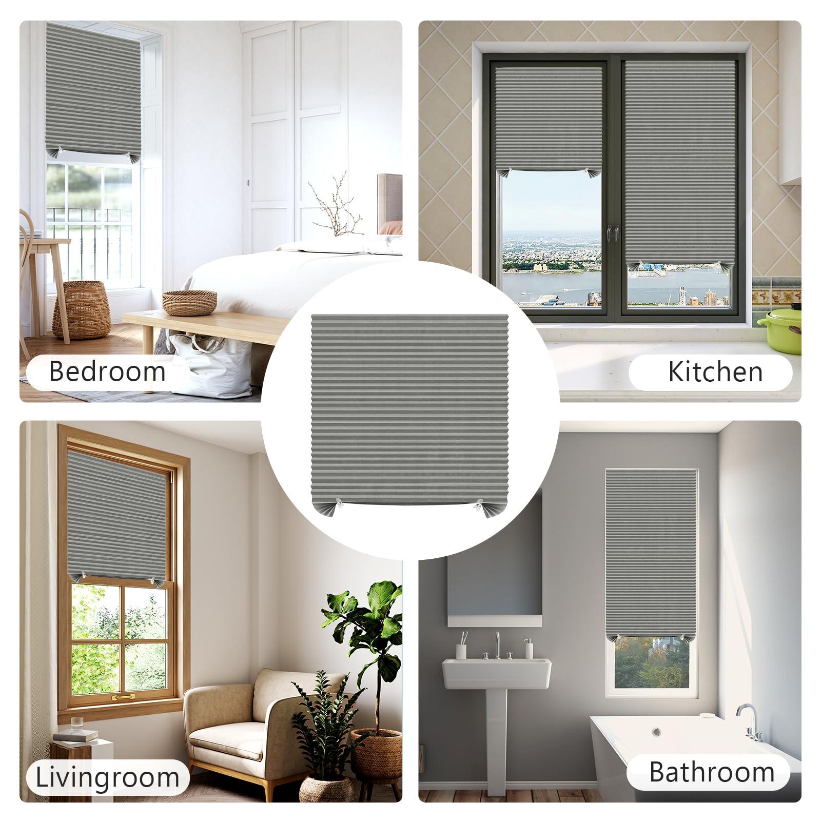 Jlong Paper Blackout Shades for Indoor Windows Temporary Cordless Paper Pleated Adhesive Blinds No Drill Privacy Fabric Window Coverings Stick on Blinds No Tools Curtains (1, Grey, WxH/47x83Inches)