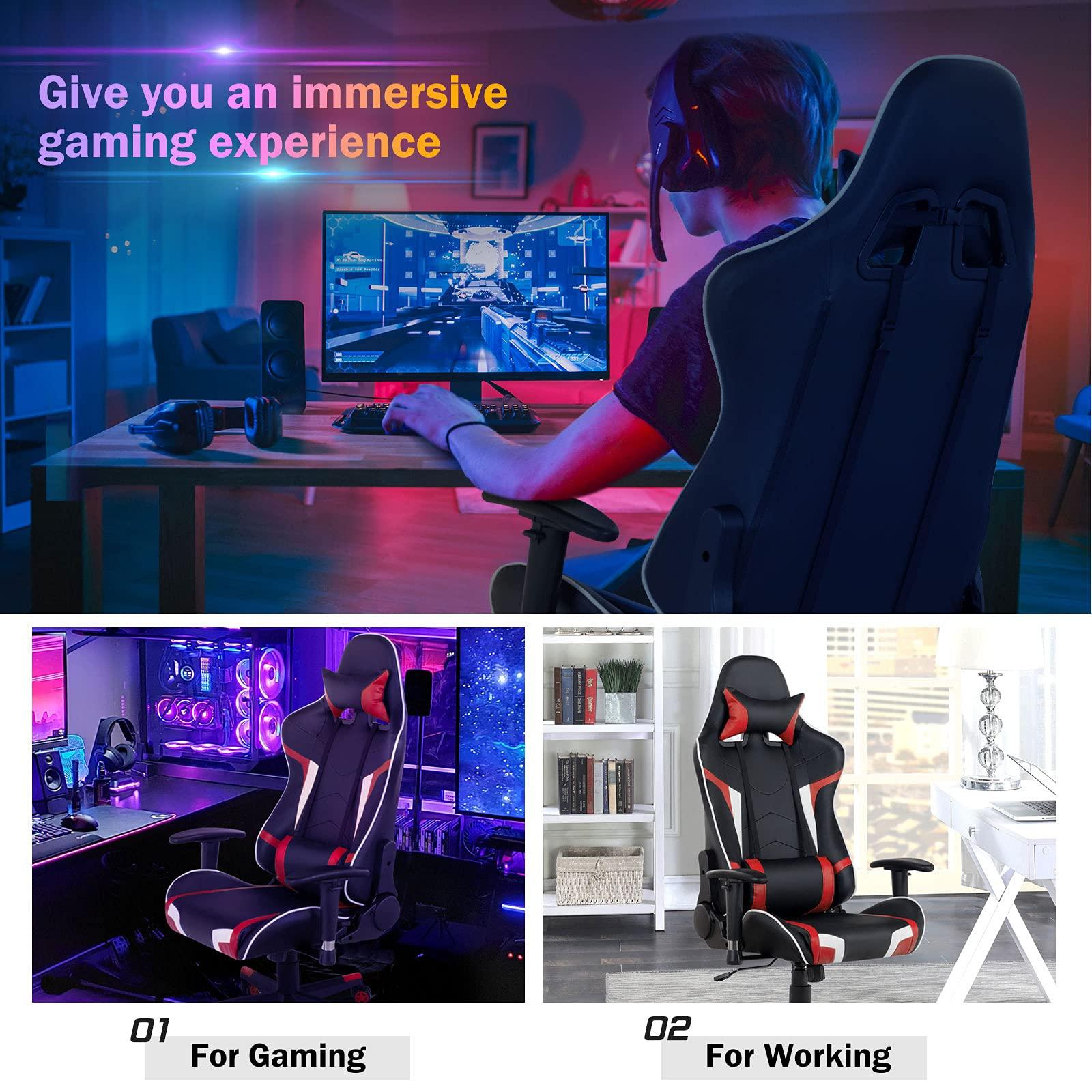 GYMAX GYMAX Gaming Chair, Massage Gaming Chairs for Adults with Headrest, Lumbar Support & Armrest, Video Computer Reclining Gaming Chair, Office Desk Gamer Task Chair (Red)
