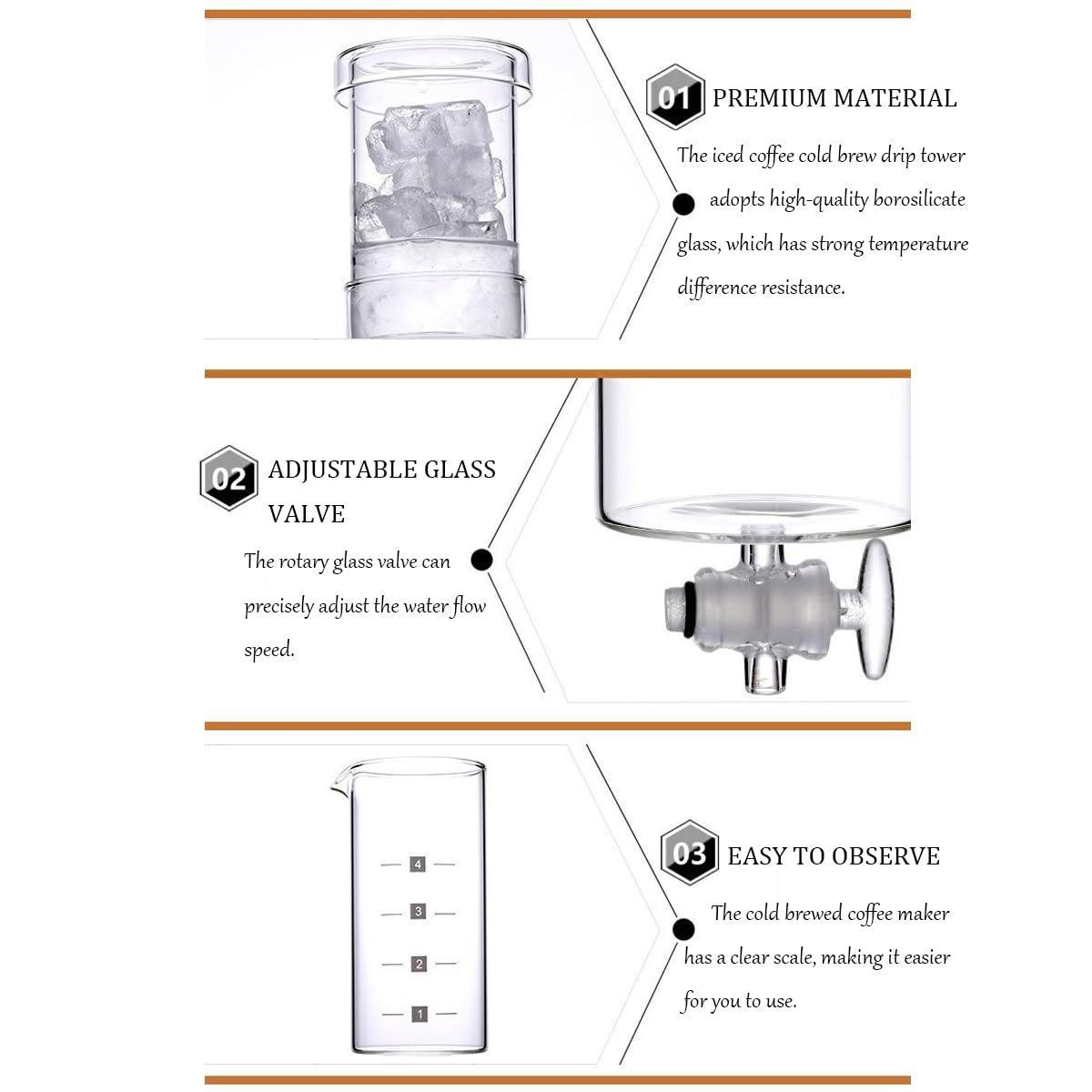RUIFAR Cold Brew Coffee Maker Tower 400ml/13.5oz Glass Slow Drip Coffee Maker with Adjustable Dripper, Ice Drip Coffee Pot for Home, Cafe, Office, Gift for Coffee Lovers (400ml/13.5oz Cold Brew Coffee Maker)