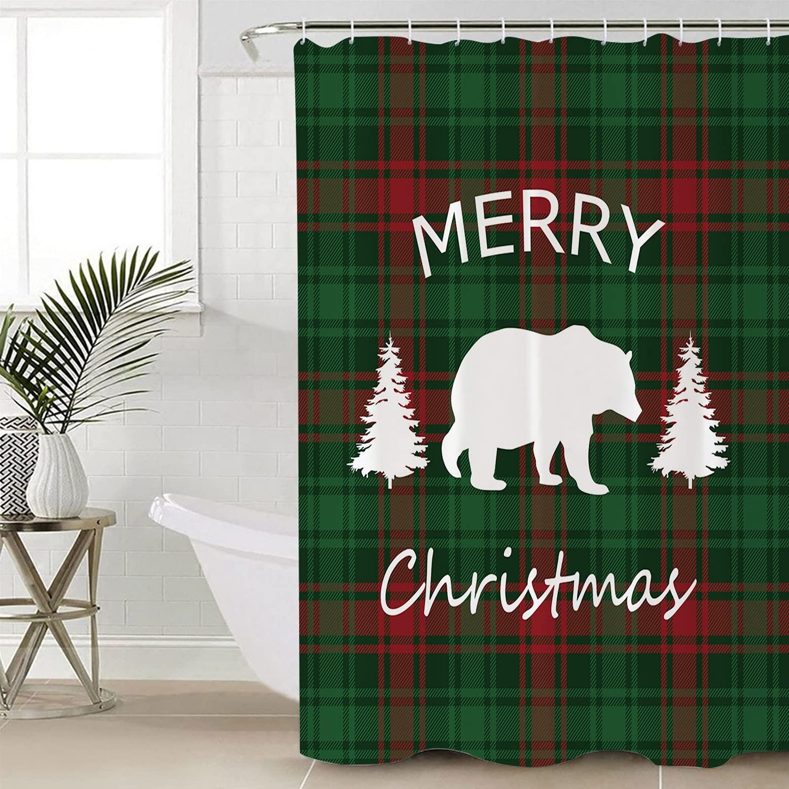 Prime Leader Christmas Shower Curtain for Bathroom Merry Christmas Bear and Tree Red Green Buffalo Plaid Waterproof Shower Curtain Set with 12 Hooks Washable Shower Curtains for Bathtubs Hotel 36\" x 72\"