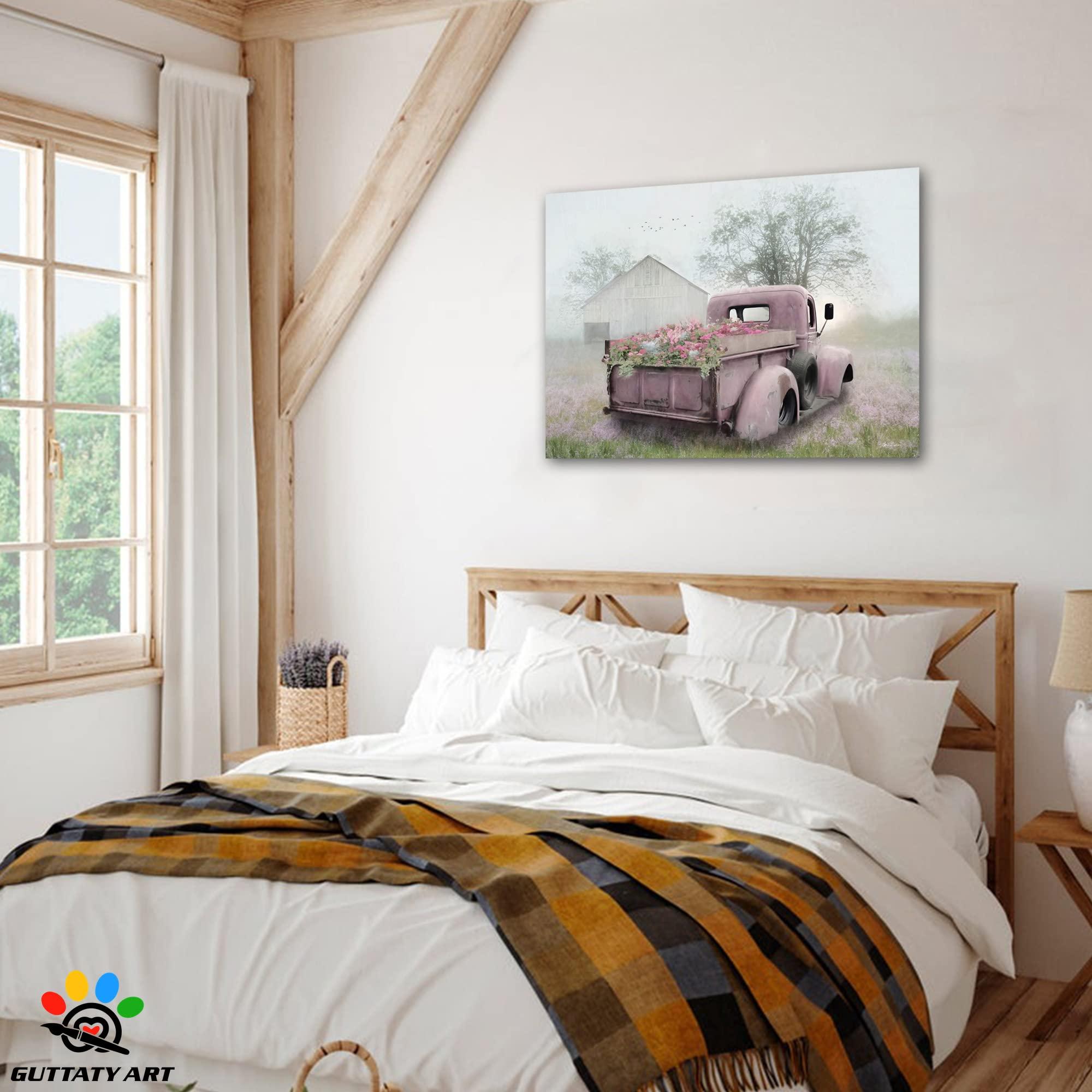 GUTTATY Farmhouse Truck Wall Art, Farmhouse Canvas Wall Art, White Barn Pictures Wall Art, Country Antique Pickup Truck Canvas Prints, Pink Truck With Petunias Canvas Wall Decor for Livingroom 28x40 Inches