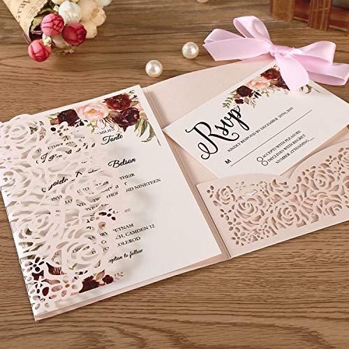 KUCHYNEE KUCHYNEE 5.1x7.1 Inch 20PCS Blush Pink Blank Wedding Invitation Kits Laser Cut Hollow Rose Pocket Wedding Invitations with Envelopes For Wedding Quincenera Engagement Invite