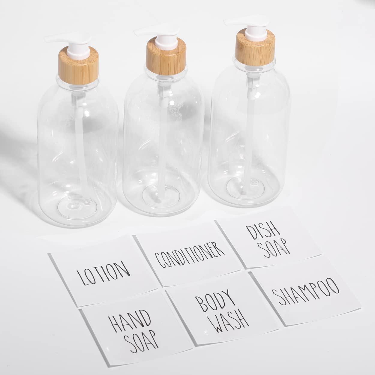 Basedidea Shampoo and Conditioner Dispenser-Set of 3-16 oz Reusable Pump Bottle Dispenser for Bathroom with 6 Waterproof Stickers - Empty Plastic Refillable Containers for Shower (Clear)