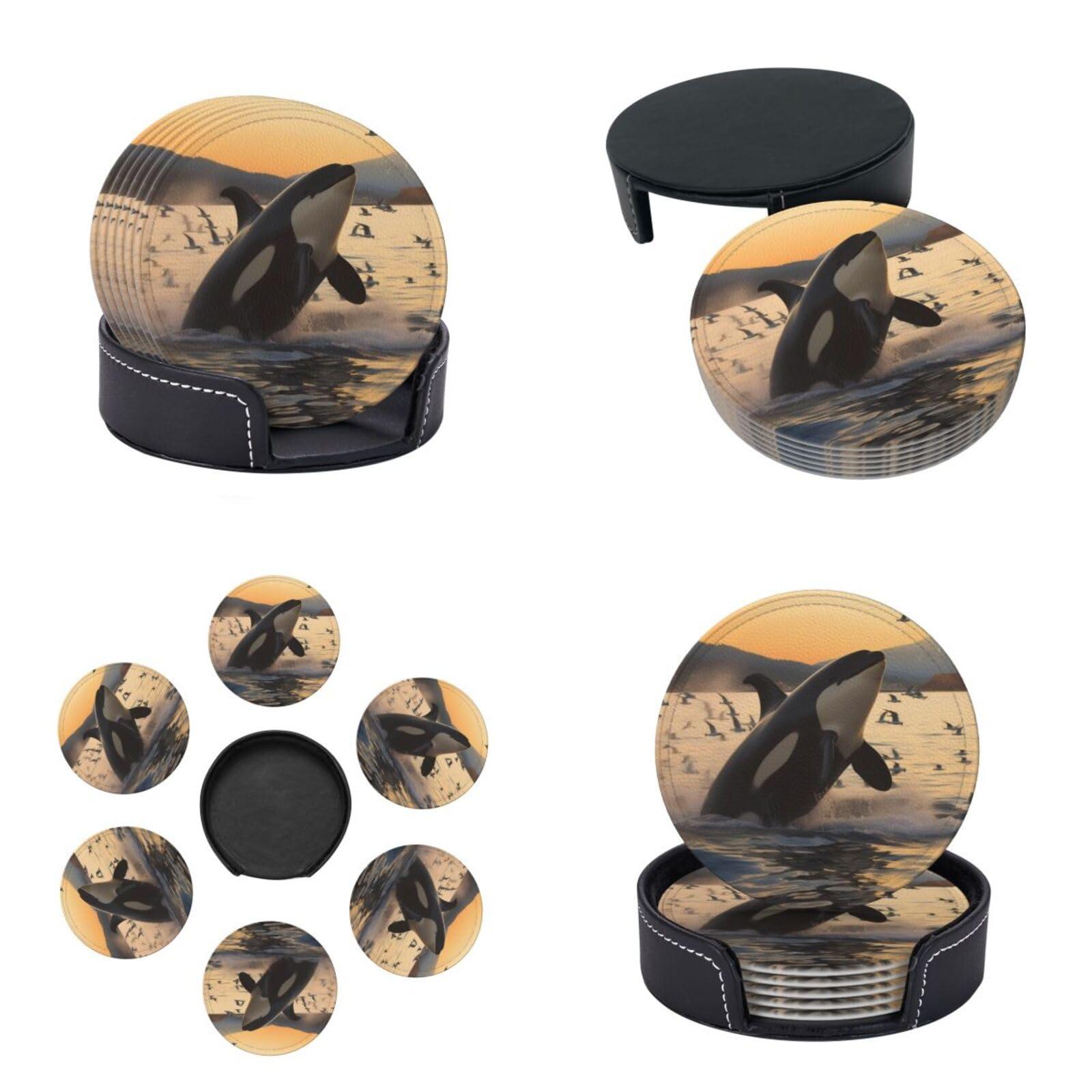 ZLYYXY Stylish Coasters - Killer Whale Set of 6 Round Leather Drink Coasters with Holder - Perfect Size for Cups and Glasses