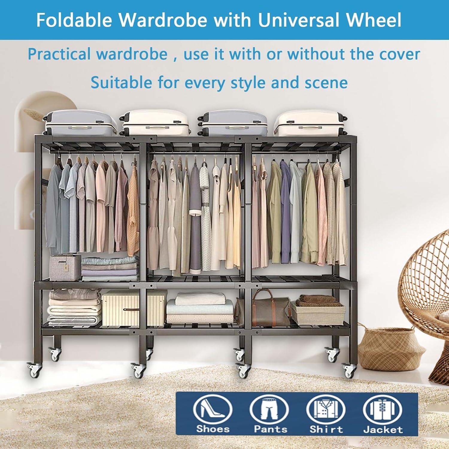 ZAIHW Garment Rack Walk In Closet Organizer Heavy Duty Clothes Rack Closet System with 3 Hanging Rods, 8 Wheels, 1600 LBS Load Capacity for Wardrobe, Freestanding Bedroom Armoire (215cm/84.6in)