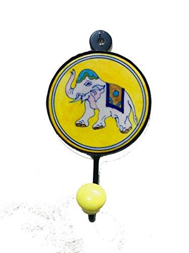 ArtMartJaipur Indian Elephant Silica Stone Blue Pottery Elephant Yellow Key Holder