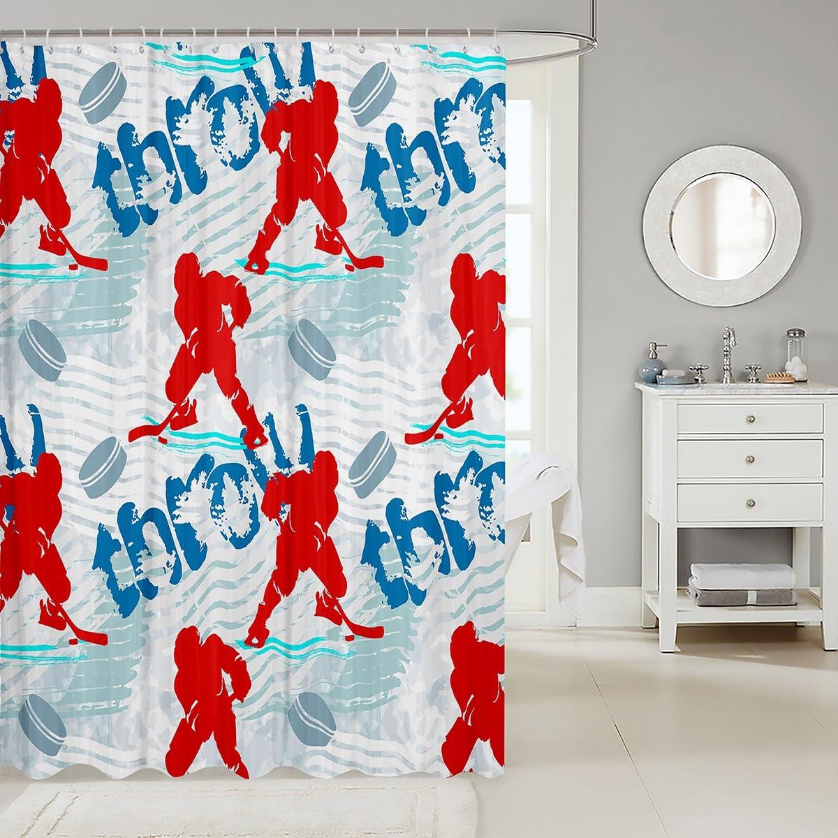 Homewish Ice Hockey Kids Shower Curtains,Winter Event Ball Sport Game Bathroom Curtains for Boys Adults,Athlete Silhouette Graffiti Red Blue Stylish Waterproof Curtains for Bathtub,12 Hooks Suits,72\"W x 78\"L