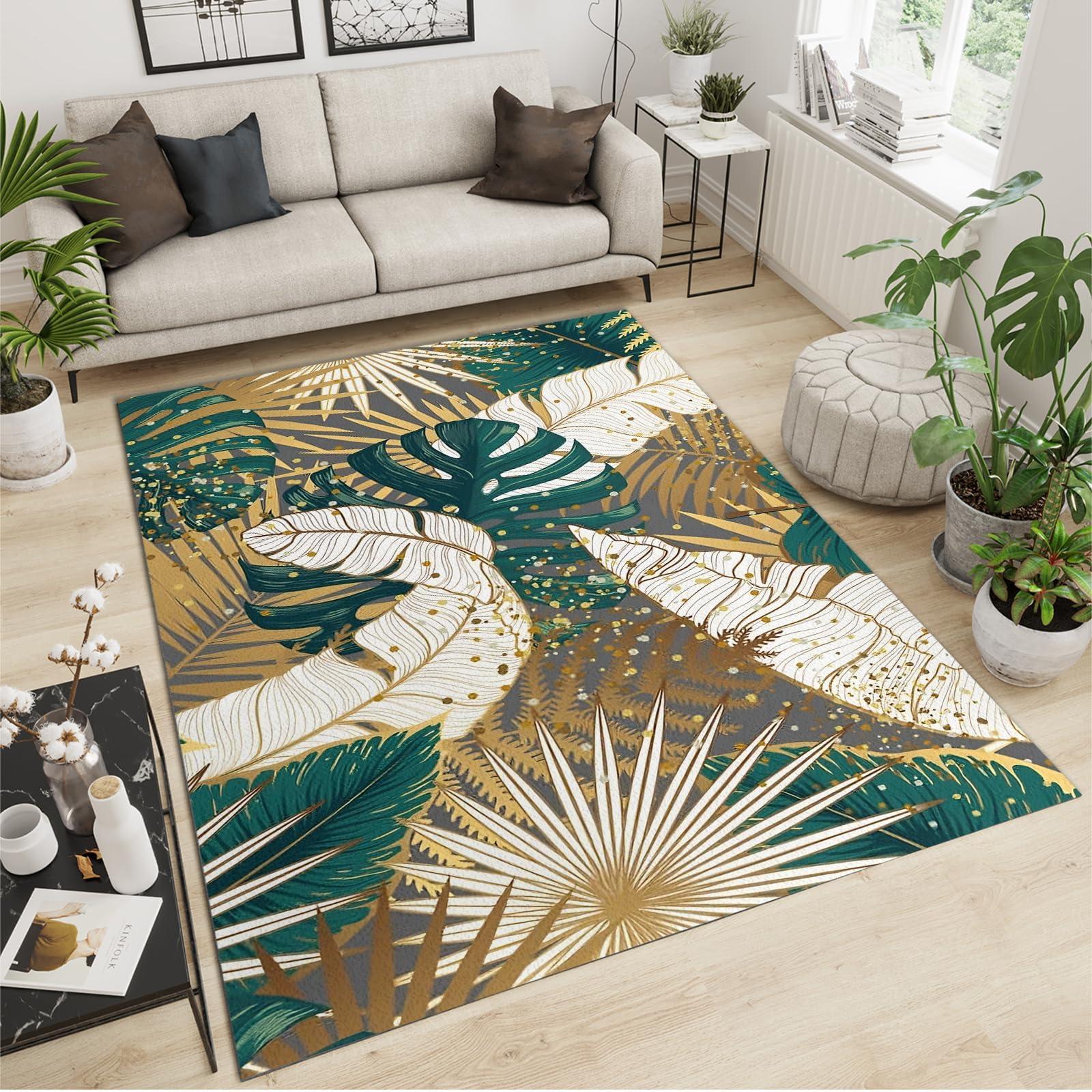 YAFAUJI Tropical Golden Green Palm Leaves Area Rug, Tropical Plant Leaves Home Decor Rug, Easy Clean Carpet with Anti-Slip Backing Durable for Bedroom Living Room Dining Room Office 5x6 ft