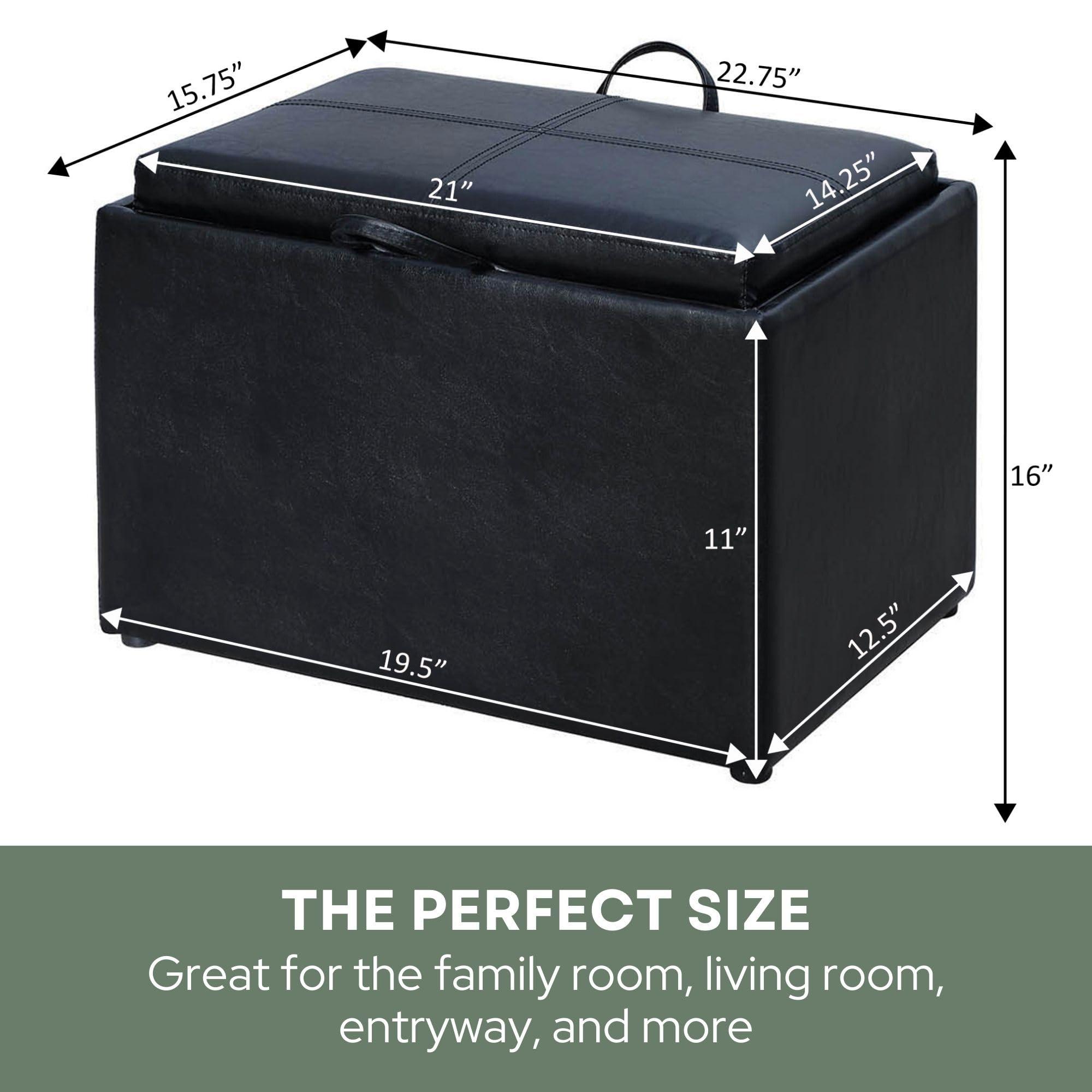 Convenience Concepts Convenience Concepts Designs4Comfort Accent Storage Ottoman 22.75\" - Modern Foot Stool with Decorative Tray for Living Room, Dining Room, Office, Black Faux Leather