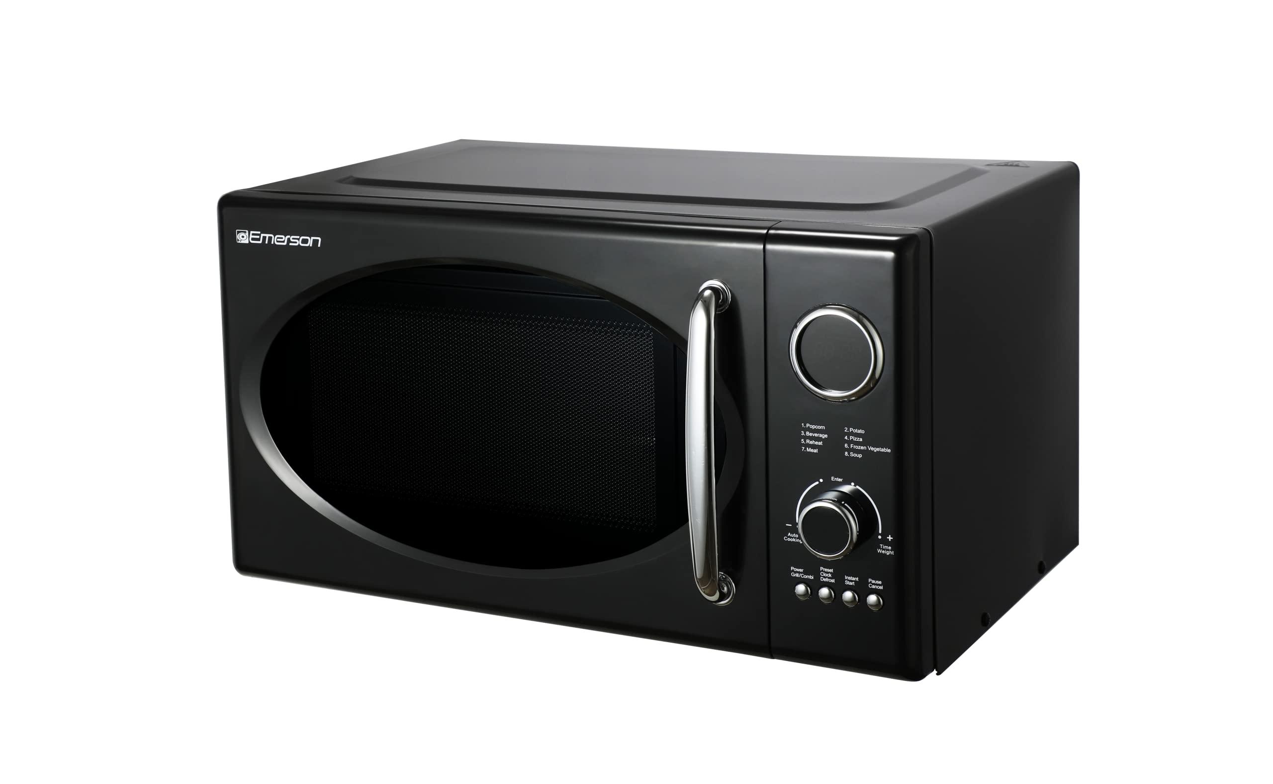 Emerson Emerson MWRG0901BK Retro Compact Countertop 800W Microwave Oven with 1,000W Grill Function, LED Display, 5 Power Levels, 8 Auto Menus, Glass Turntable and Child Safe Lock, 0.9 Cu. Ft., Black