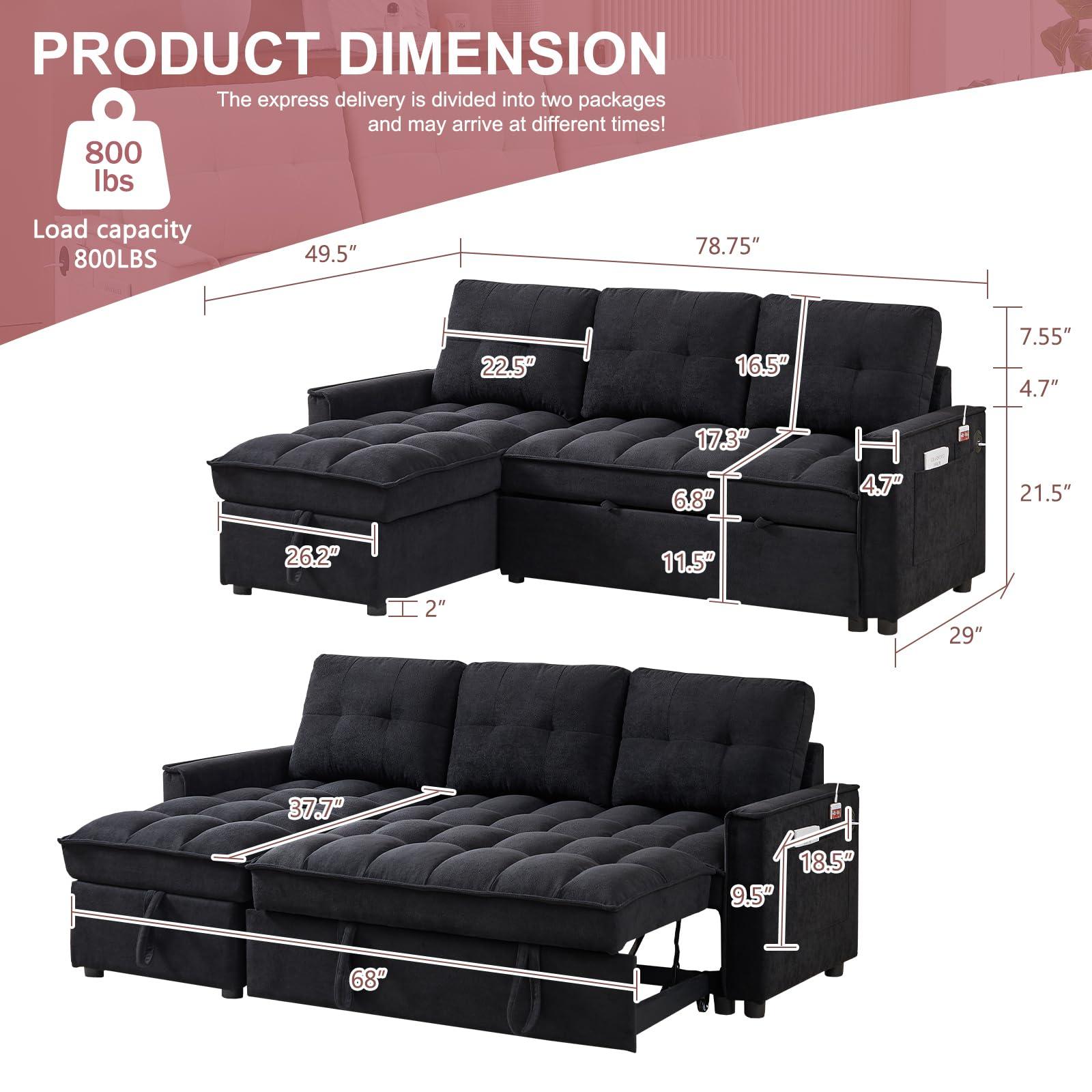 XUWANSHANG 78.75"L Shaped Sleeper Sofa Couch,Chenille Pull Out Couch,Reversible Sectional Sofa Bed with USB and Tape-c,Sleeper Sectional Sofa with Side Pockets,4 in 1 Pull-Out Sofa bed for Living Room (Black)