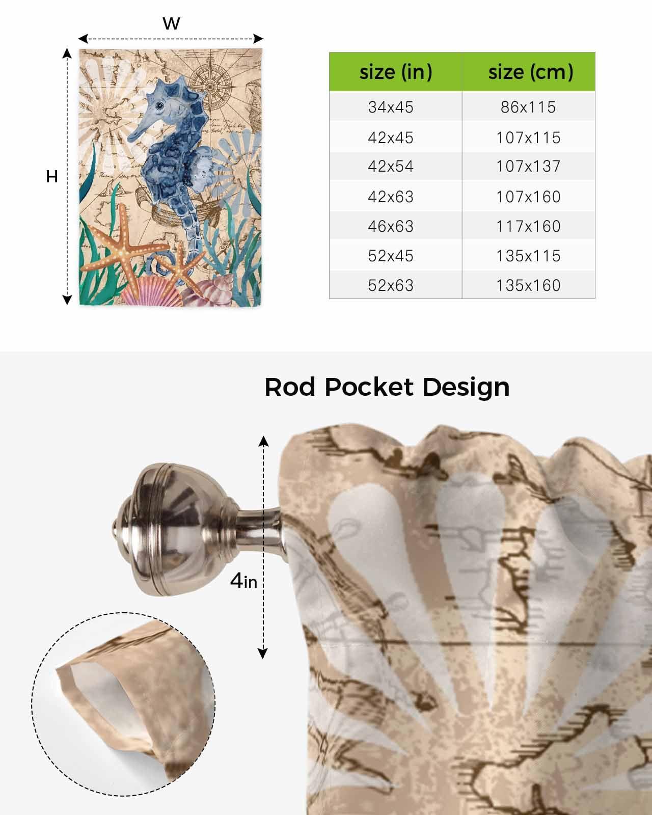 Chic D Tie Up Balloon Valance Curtain for Kitchen, Seahorse Starfish Seaweed Roman Shade for Windows Thermal Insulated Rod Pocket Short Curtain Panel for Camper RV Basement Small Window 52x63in