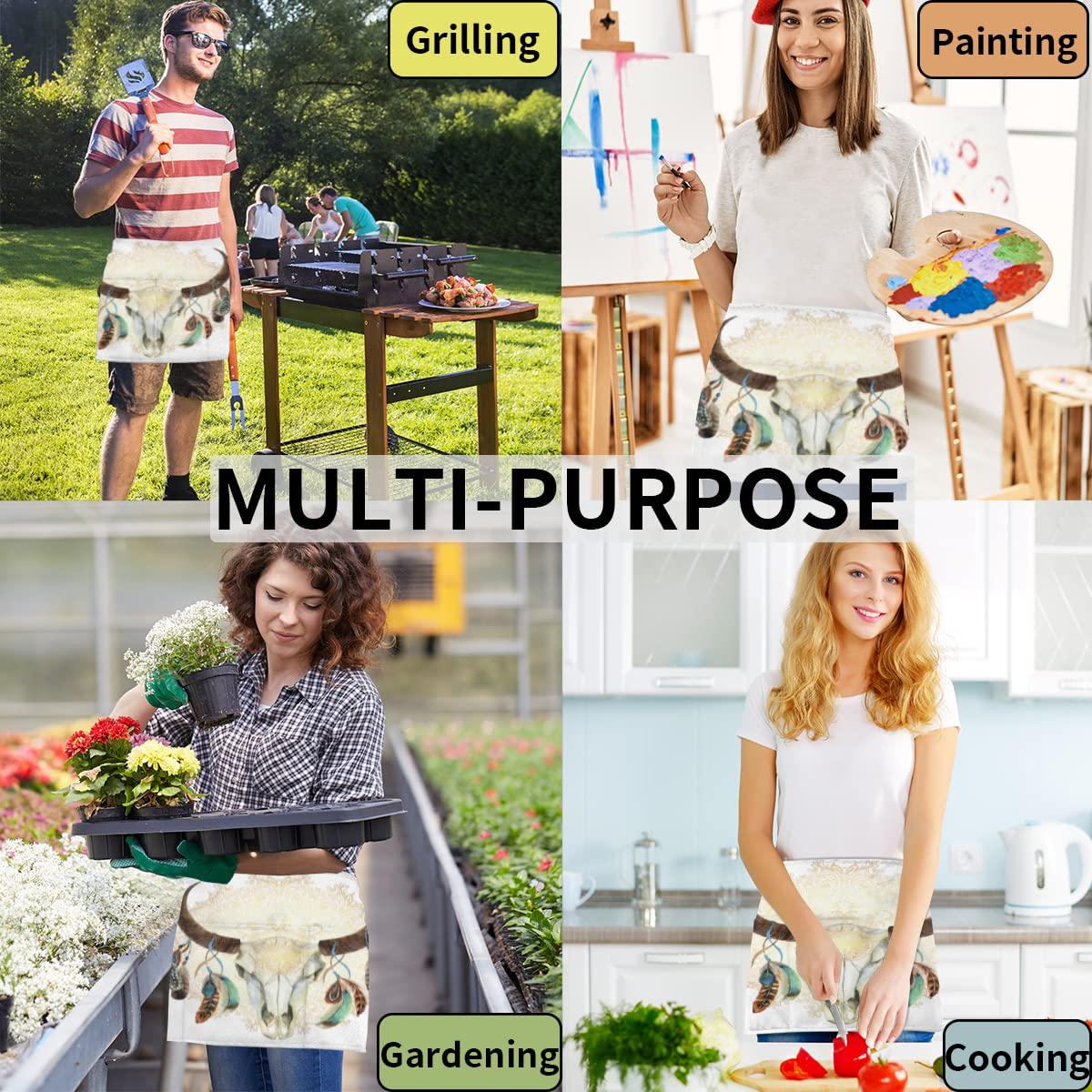 XMNYGJ XMNYGJ Cute Waist Apron Set Animal Buffalo Skull Mandala Waitress Aprons 3 Pockets Waterproof Half Apron for Bartender Restaurant Barista Teachers BBQs Parties 3 Pack