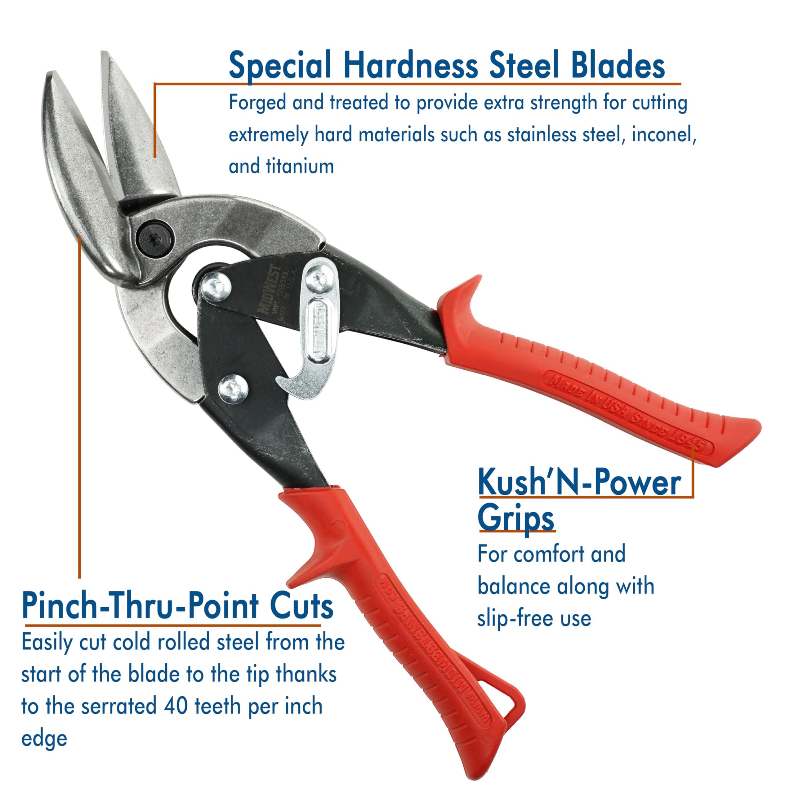 Midwest Snips MIDWEST Special Hardness Aviation Snip - Left Cut Offset Stainless Steel Cutting Shears with Forged Blade & KUSH\'N-POWER Comfort Grips - MWT-SS6510L