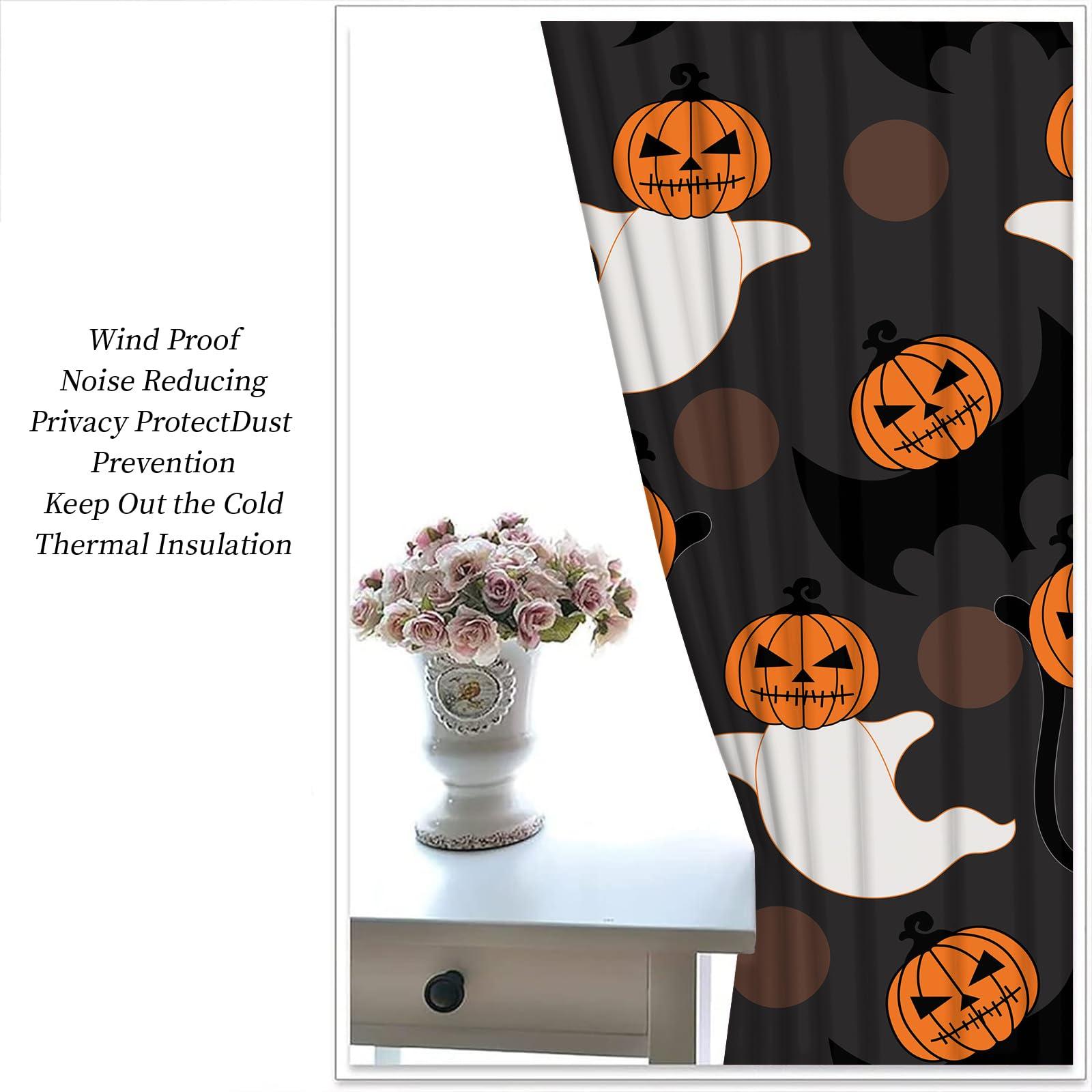 LHAITI Halloween Black White Orange Curtains for Bedroom 54 Inch Length Spooky Ghost Pumpkin Printed Rod Pocket Curtain Panels for Bedroom Blackout Curtains for Children's Room Halloween Party Kitchen