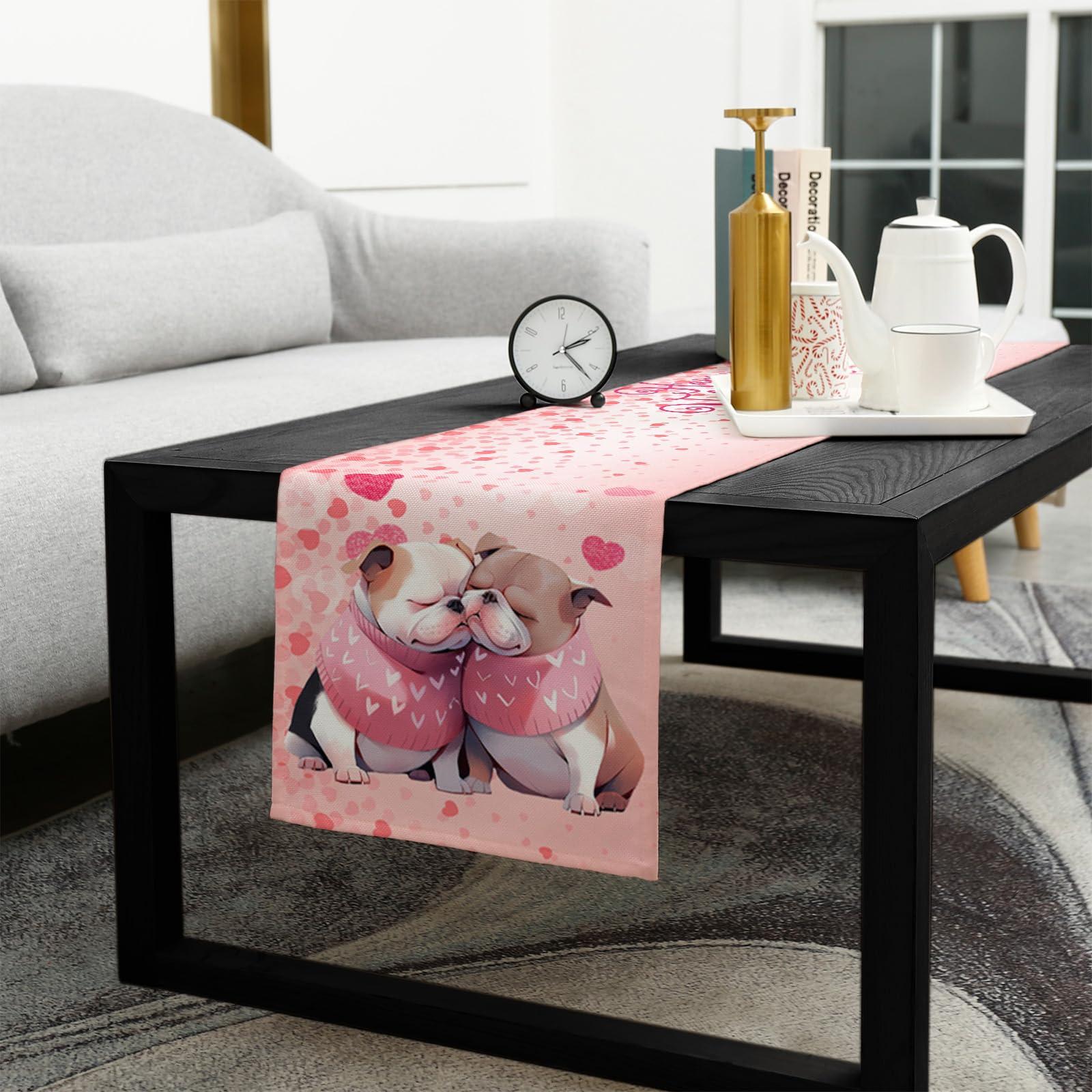 Falaniique Valentine\'s Day Table Runner 90 Inches Long, Cotton Linen Kitchen Dinner Table Runners, Burlap Tablerunner for Dresser/Dining/Party/Wedding, Romantic Dogs Sweet Heart Love Pink