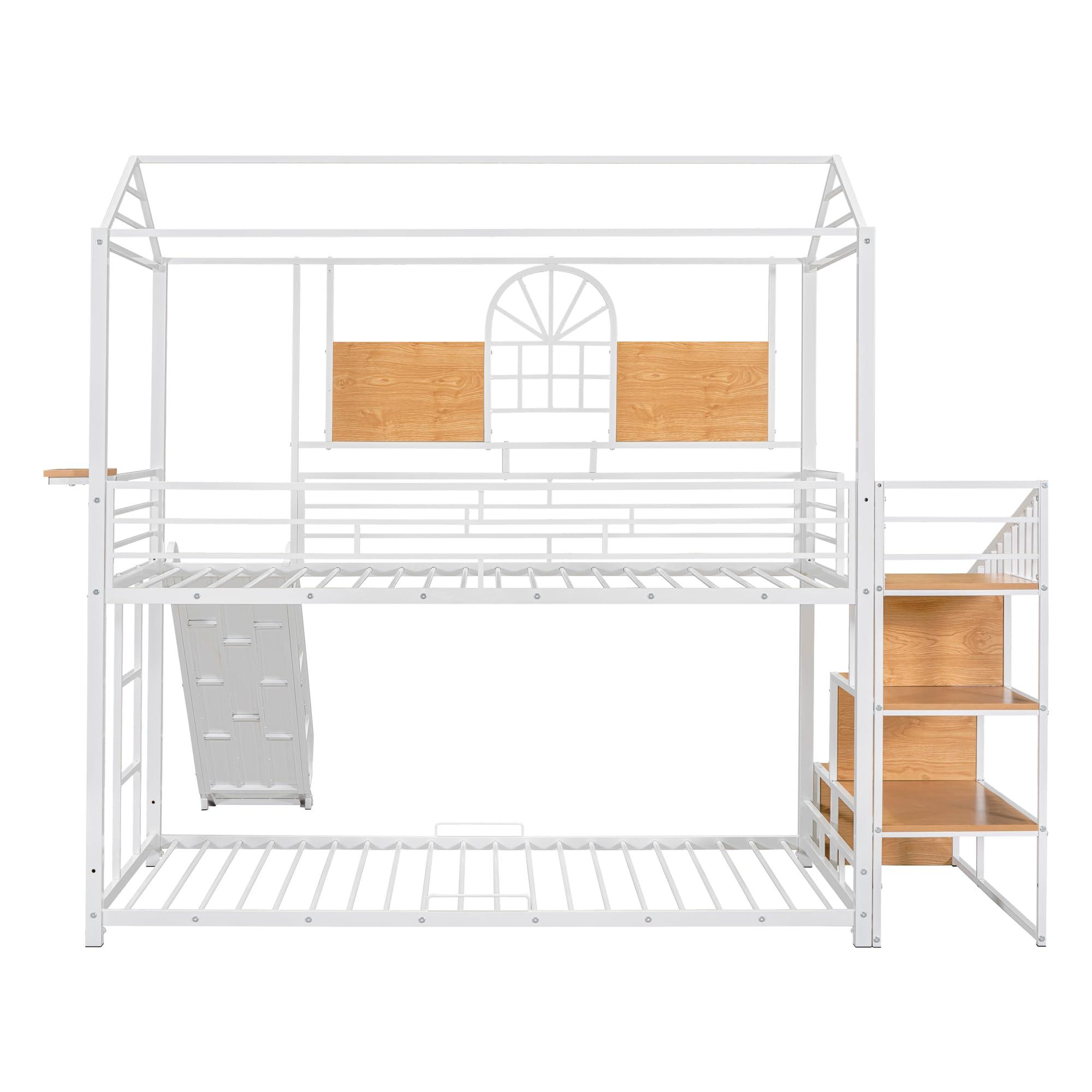 SOFTSEA SOFTSEA Metal Bunk Bed Twin Over Twin House bed with Slide and Storage Stair, for Kids Teens Bedroom, White with White Slide