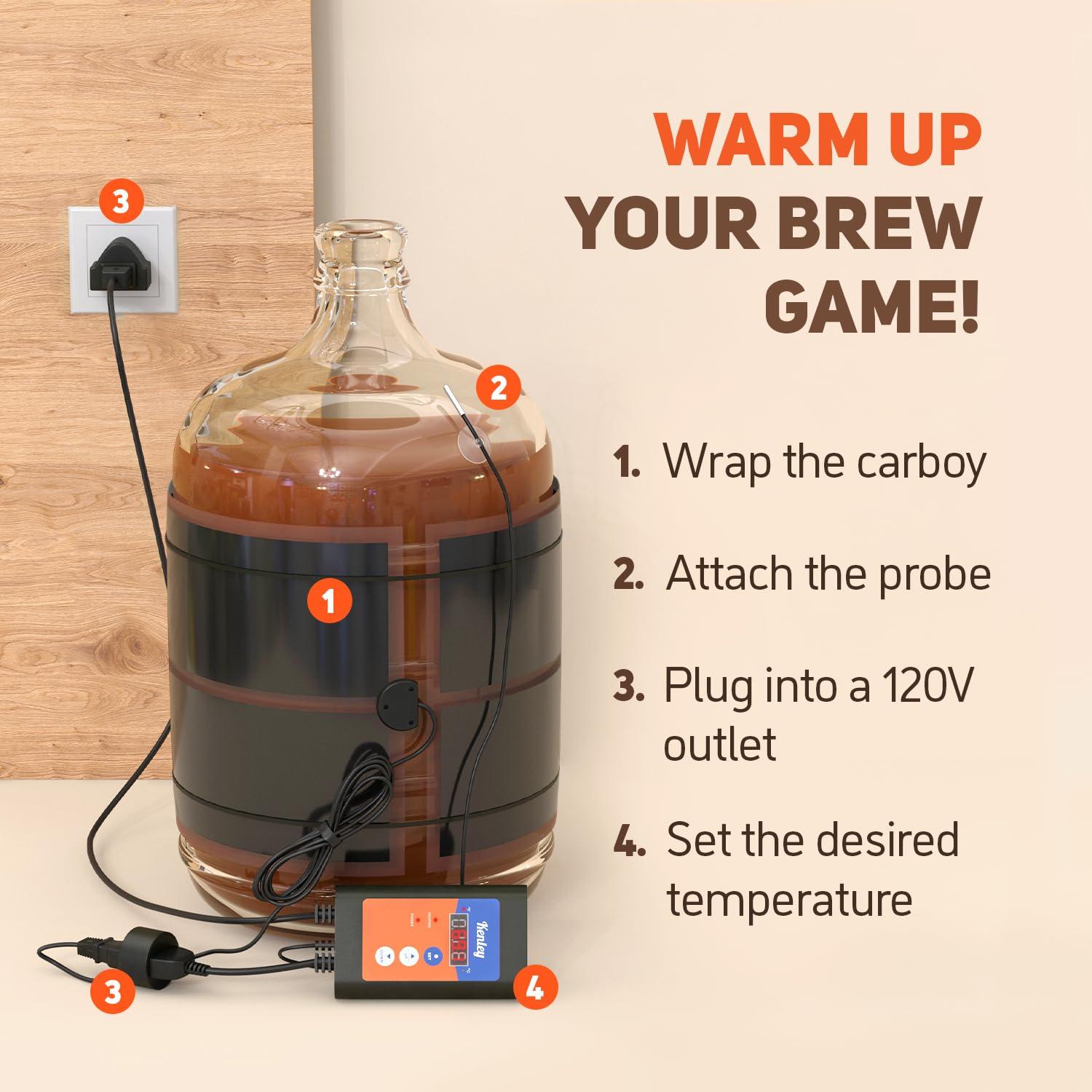 Kenley Fermentation Heater Carboy Warmer - Kombucha Heating Wrap with Thermostat for Temperature Control - Electric Heat Pad Belt for Home Fermenting & Brewing - Fits Most Fermenter Vessels 2 to 8 Gallons