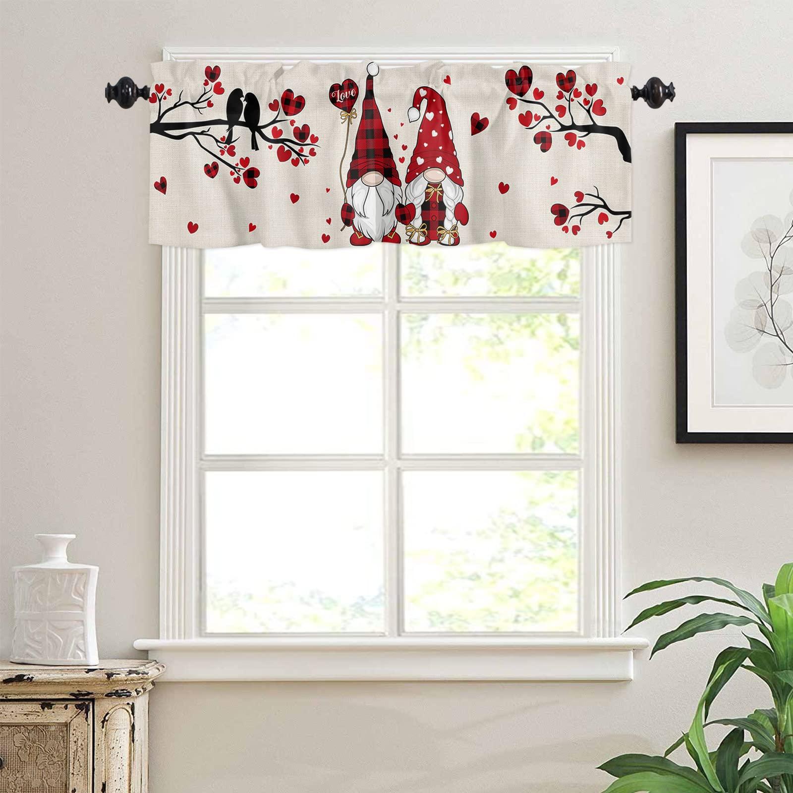 Kewadony Kewadony Kitchen Curtains Valances, Valentine\'s Day Rod Pocket Valances for Windows, Red Black Plaid Gnomes Love Tree Burlap Short Window Valances for Living Room/Bedroom, 54 x 18 Inch