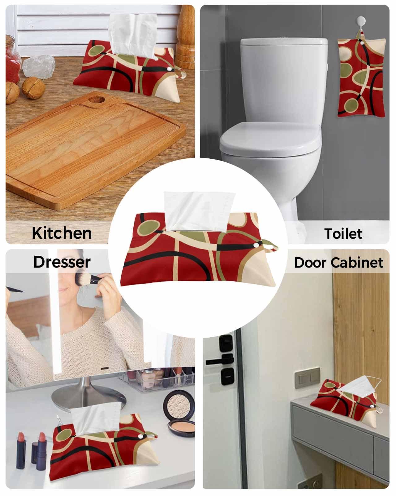 DOME-SPACE Tissue Box Cover, Red Brown Simple Line Circular Texture,2 Piece Rectangular Reusable Tissue Box Holder Hanging Tissue Bag for Bathroom,Office