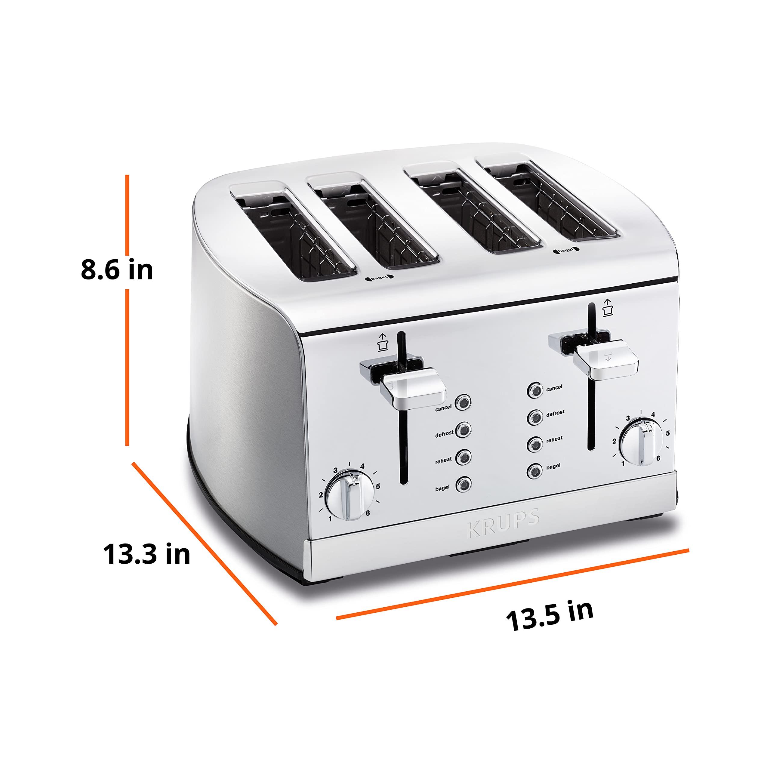 KRUPS Krups Breakfast Set Stainless Steel Toaster 4 Slice 1500 Watts 6 Brown Settings, Defrost, Reheat, High Lift Lever Silver, Matte and Chrome