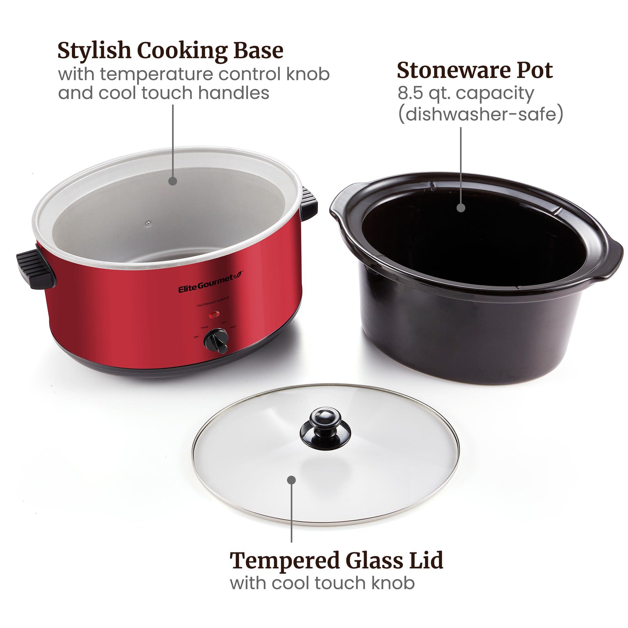 Elite Gourmet Elite Gourmet MST-900RXT# Electric Ceramic XL Jumbo Slow Cooker, Adjustable Temp, Entrees, Sauces, Stews & Dips, Dishwasher Safe Glass Lid & Crock, 8.5Qt, MetallicRed