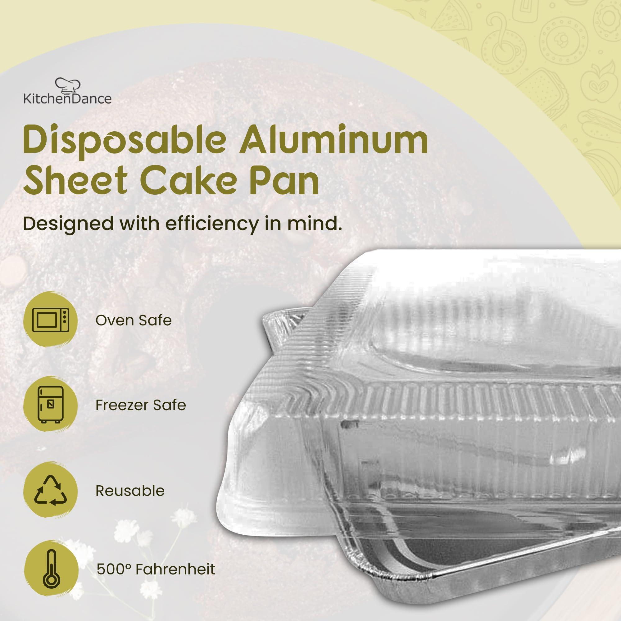 KitchenDance.com KitchenDance Disposable Aluminum Half Size Sheet Cake Pans with Clear Plastic Dome Lid - 17-1/2\" x 12-13/16\" Aluminum Foil Pans -Baking Pan Perfect for Baking, Freezing, Serving Food, 7300P, 100 Count
