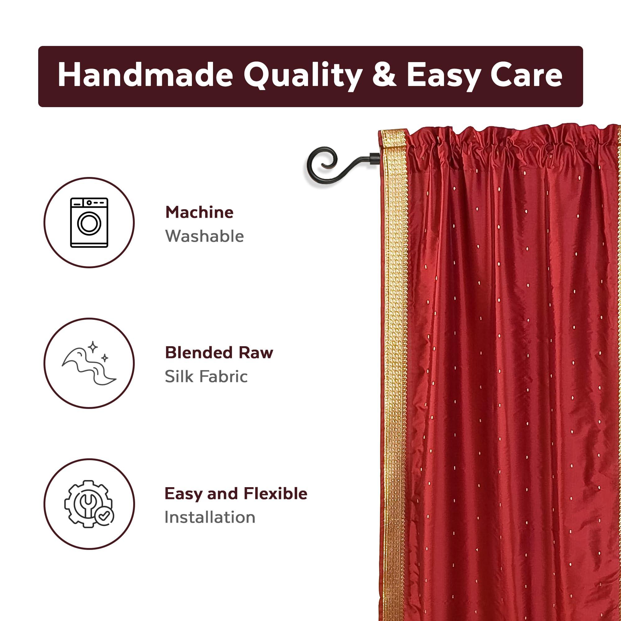 Indian Selections Lined Rod Pocket Sari Curtain 60" W x 63" L - Handcrafted Maroon Indian Drapes with Lining, Offering Enhanced Privacy and Insulation, Perfect for Living Room/Bedroom, Sold in Pairs