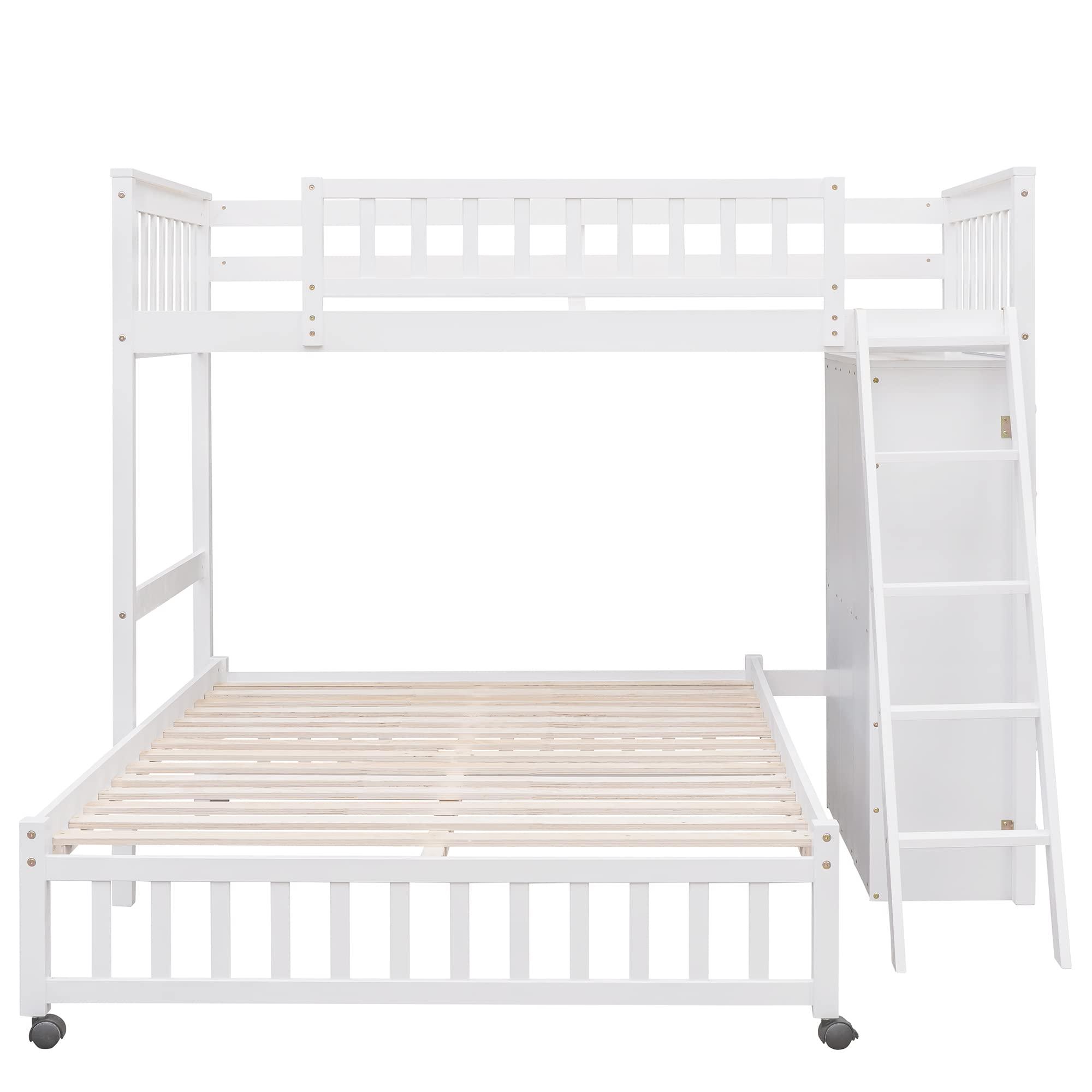 Brabrety Twin Over Full Wooden Bunk Bed with Six Drawers and Three Flexible Shelves, Bottom Platform Bed with Wheels can Movable.Suitable for children\'s and teenagers\' bedrooms or dormitories (White#V)