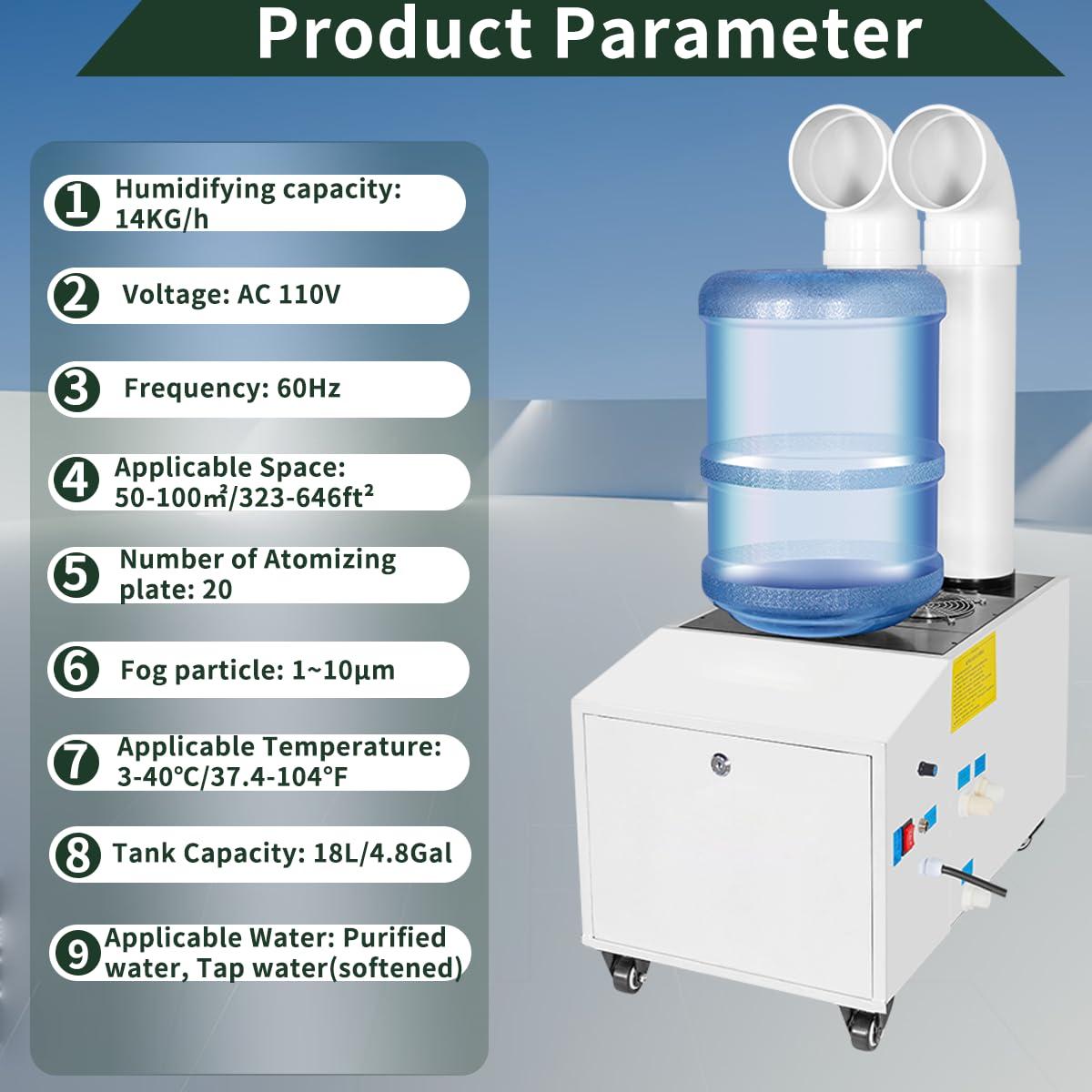 Zhipurul Ultrasonic Industrial Humidifier Stainless Steel Commercial Humidifier Sprayer 14kg/h Large Volume Automatic Mist Cooling Device for Plants Grow Room, Workshop, Warehouse, Agriculture