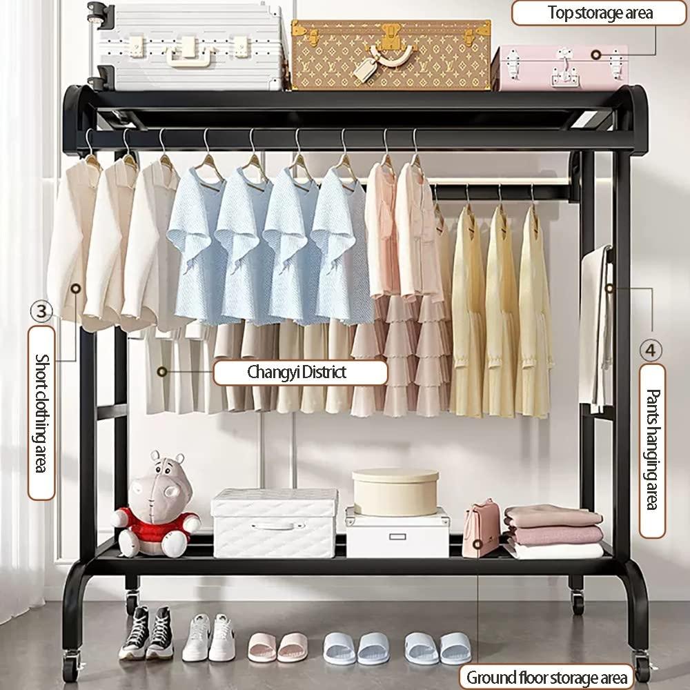 SGUM-LKSR Clothes Rack on Wheels, Double-Rail Metal Garment Rack, Multifunctional Freestanding Clothing Rack Rail with Storage Shelf for Hanging Clothes/D/100 * 50 * 150Cm (D 80*50*150Cm)