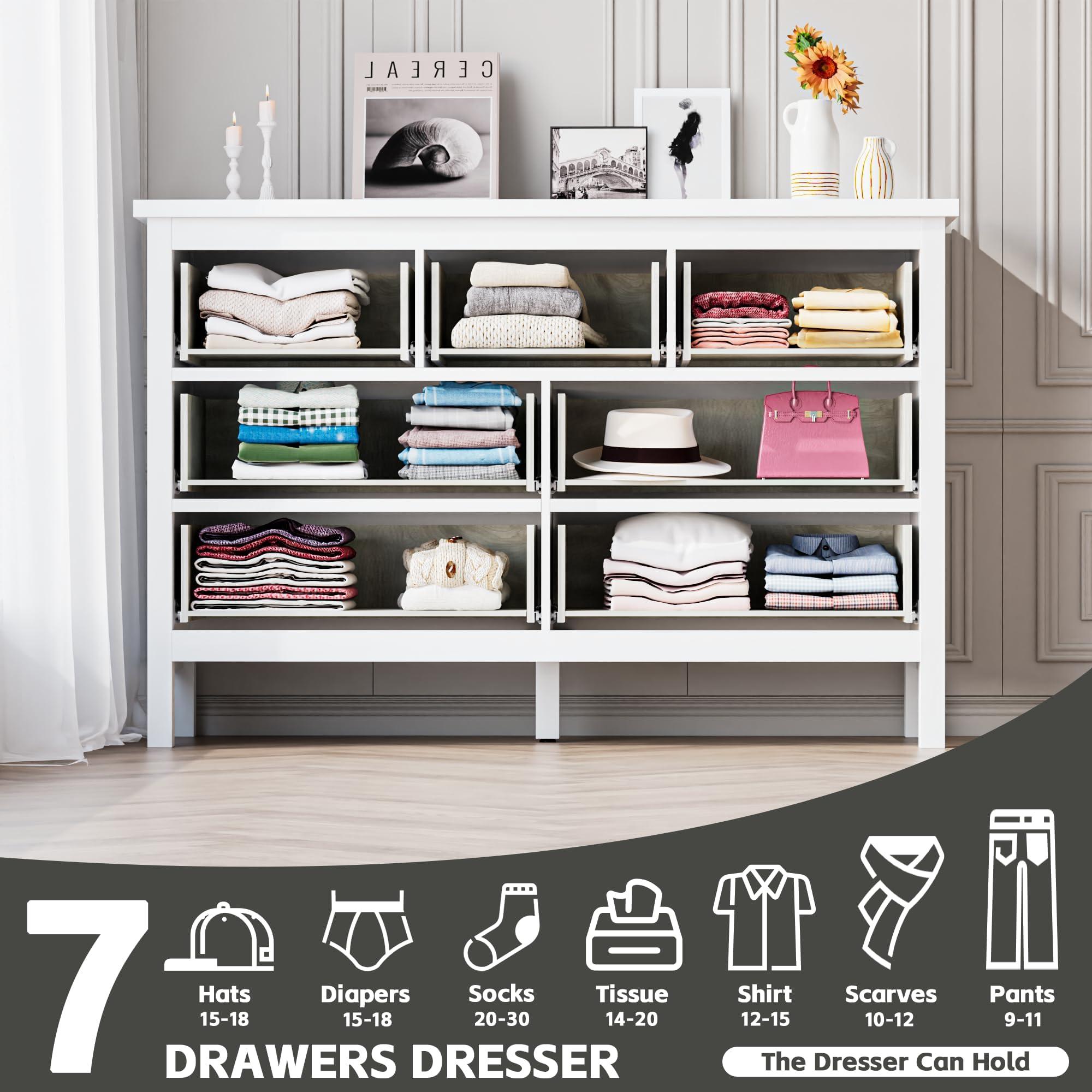 Tradare Tradare White Dresser for Bedroom with 7 Drawer,Wooden Double Dresser with Metal Handles, Wide Chest of Organizer Storage Drawers for Living Room, Hallway, Entryway