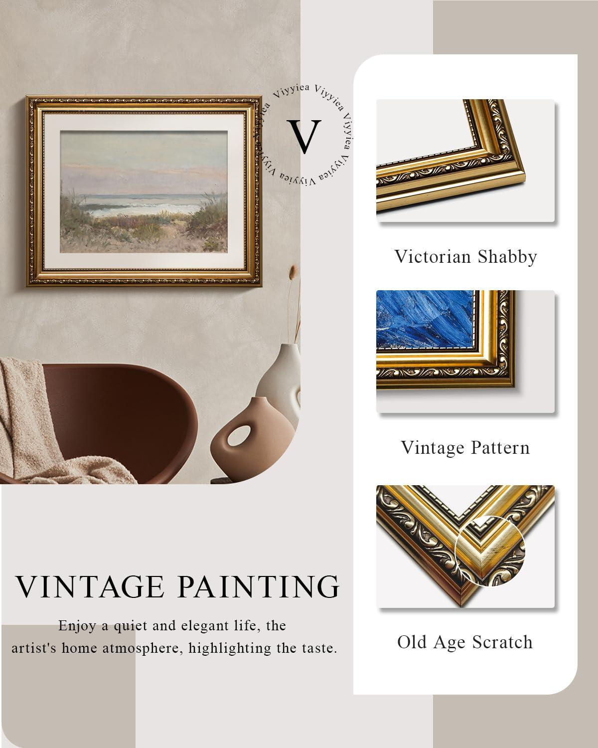 VIYYIEA VIYYIEA Gold Framed Wall Art Canvas Print Home Decor Classical Coastal Scenery Bathroom Pictures Wall Decorations Farmhouse Wall art Room Decor Kitchen Office Bathroom Art Prints Wall Decor 13x16in