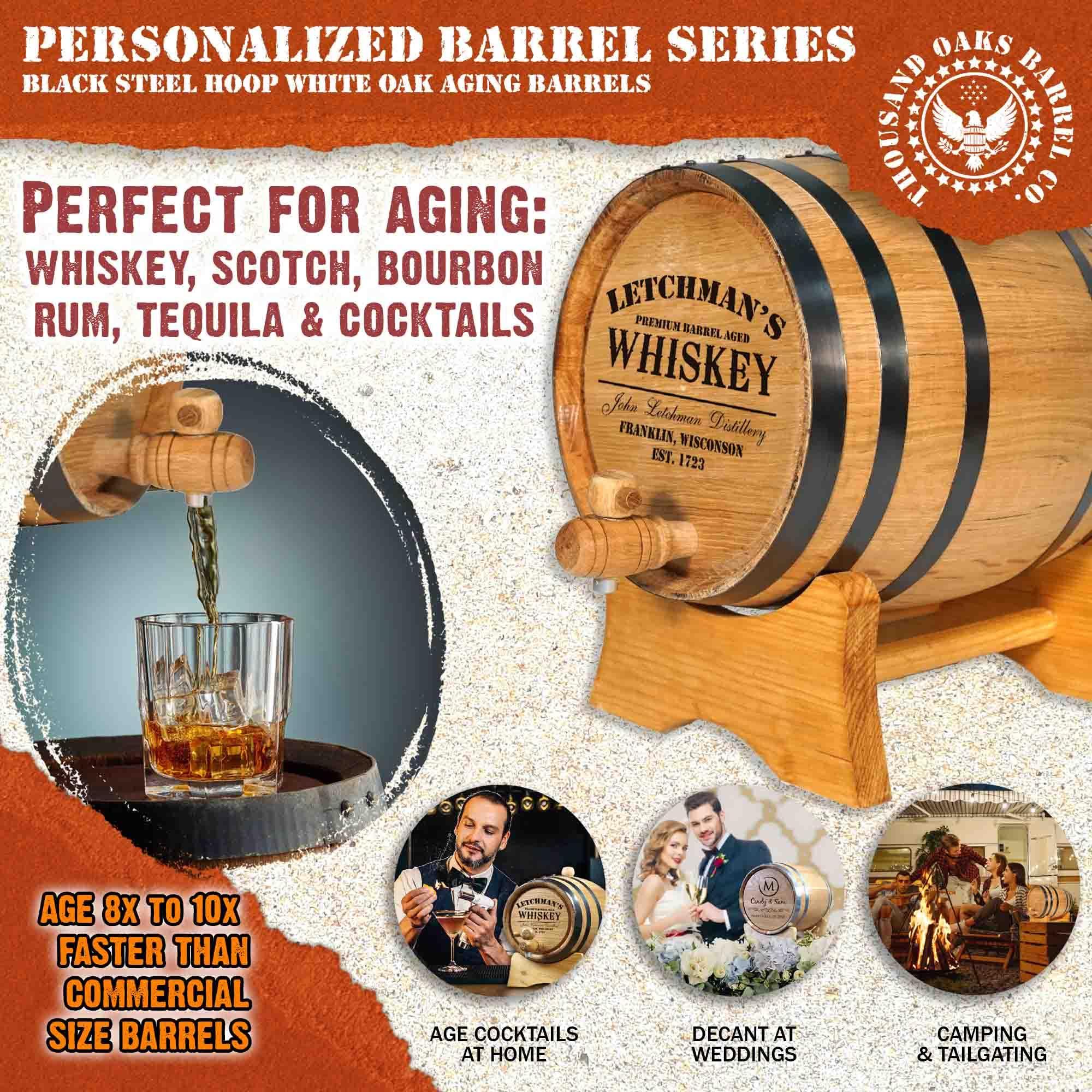 THOUSAND OAKS BARREL Personalized 2 Liter Oak Aging Barrel with Wood Stand, Bung & Spigot - Age Cocktails, Bourbon, Whisky, Rum, Tequila, Mead Wine - 2L Mini Whiskey Aging Barrels (P5)