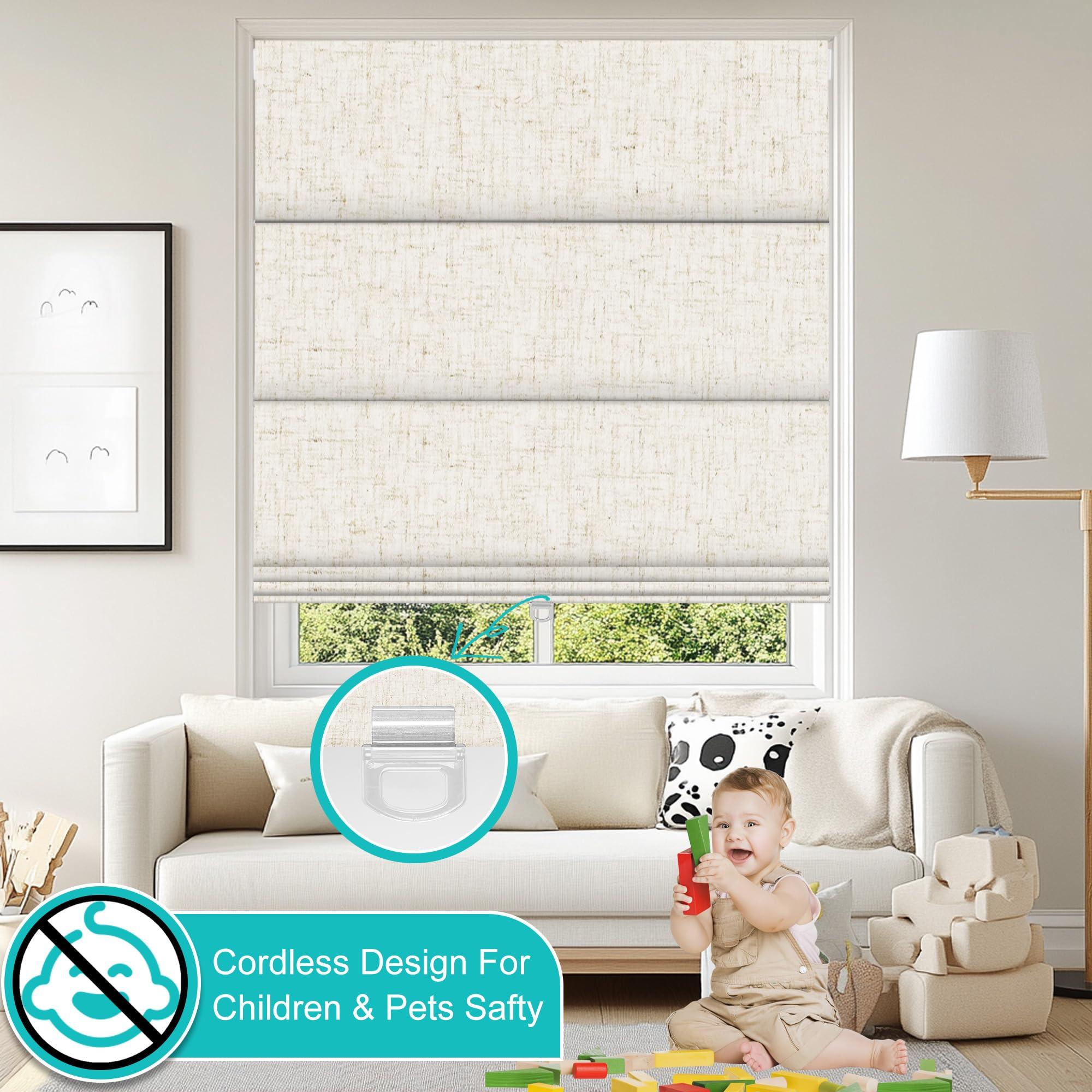 BERISSA BERISSA No Drill Cordless Roman Shades for Window, Blackout Roman Blinds Room Darkening Roll up Blinds Easy Install Linen Roman Window Shades for Inside Mount,34" W x 90" H,Linen Beige