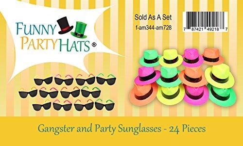 Funny Party Hats Funny Party Hats Neon Party Supplies - Fedora Party Hats with Party Sunglasses - Gangster Party - 24 Pc Set