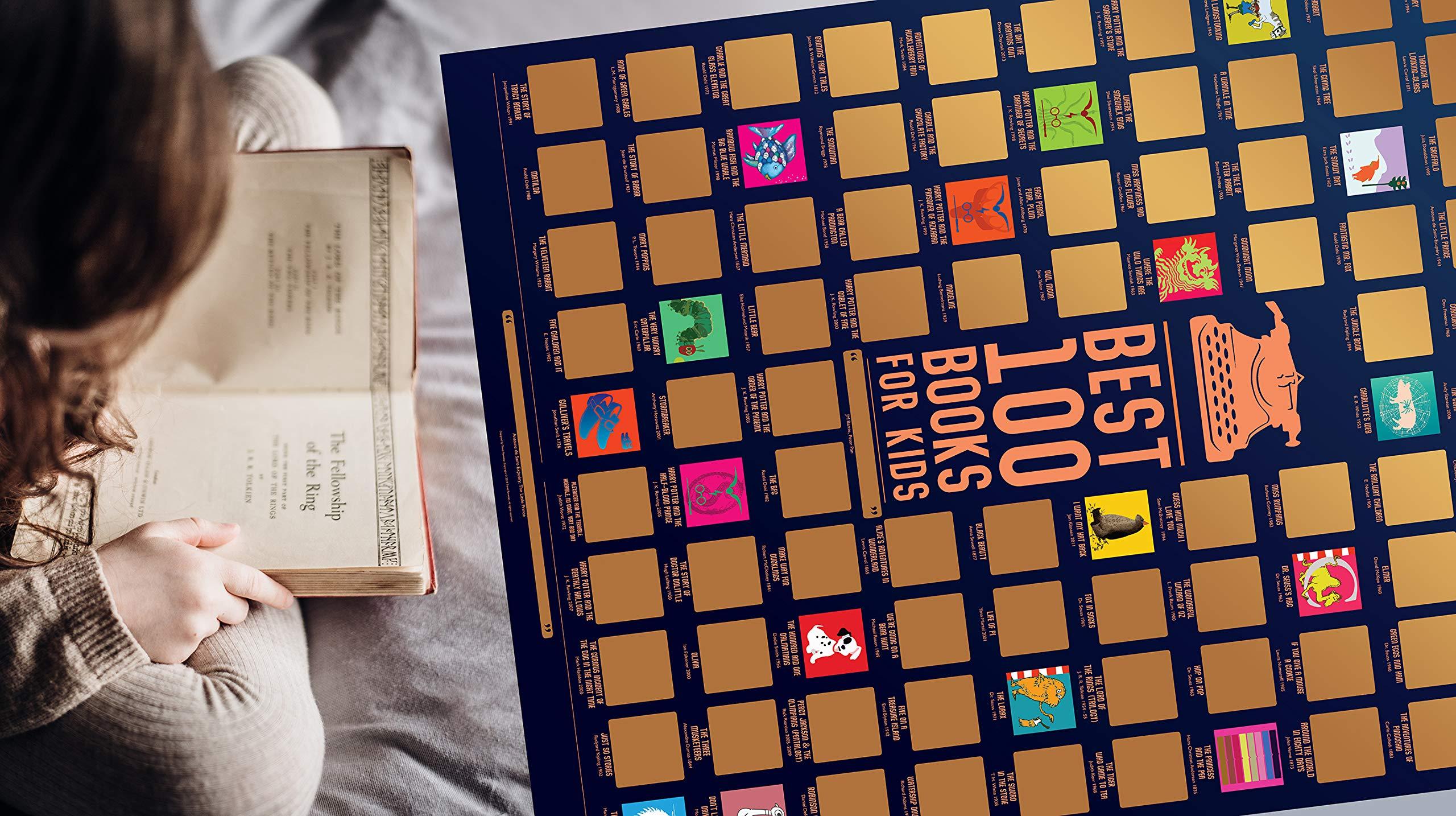 Travel Revealer Travel Revealer 100 Kids Books Scratch Off Poster, Best 100 Books for kids Scratch Off Poster, 24x17 Gold Foil Novel Scratch Off Poster with learn to read books