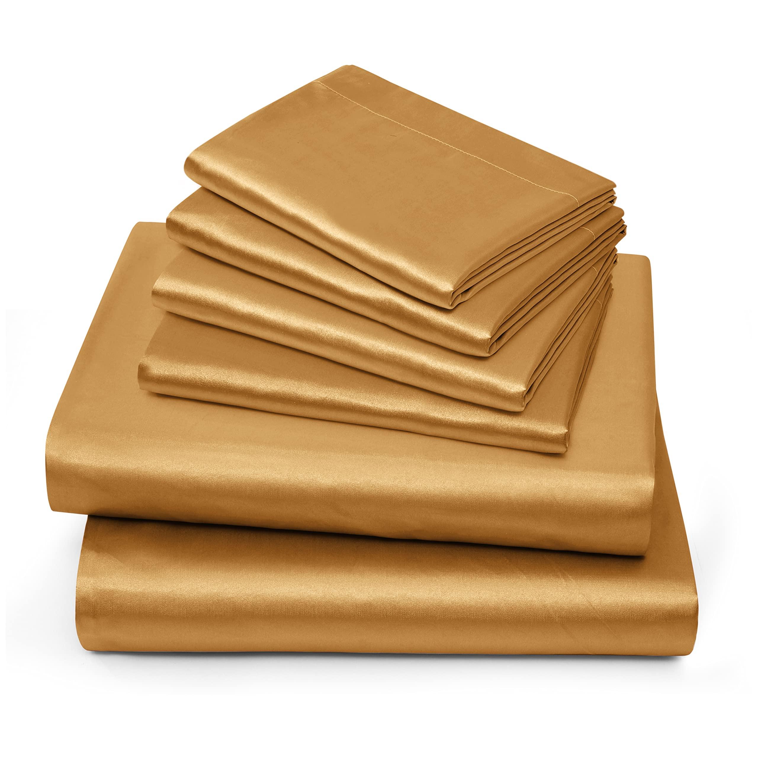 RU BEDDING RU BEDDING 100% Pure Silk Satin Sheet Set 6pcs, Silk Fitted Sheet 12 Inch Deep Pocket Silk Flat Sheet&Silk Pillowcases Set Soft Silk Sheets (Queen Gold)