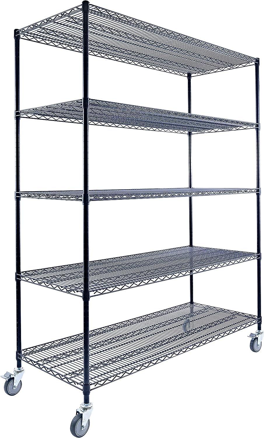 Utility Basics Utility Basics 60"x24"x72" Black 5-Tier Premium Metal Wire Shelving NSF 4000 LBS MAX Capacity Heavy Duty Steel Storage Rack for Warehouse, Garage, Hospital, Commercial Space & School w/Premium Wheels