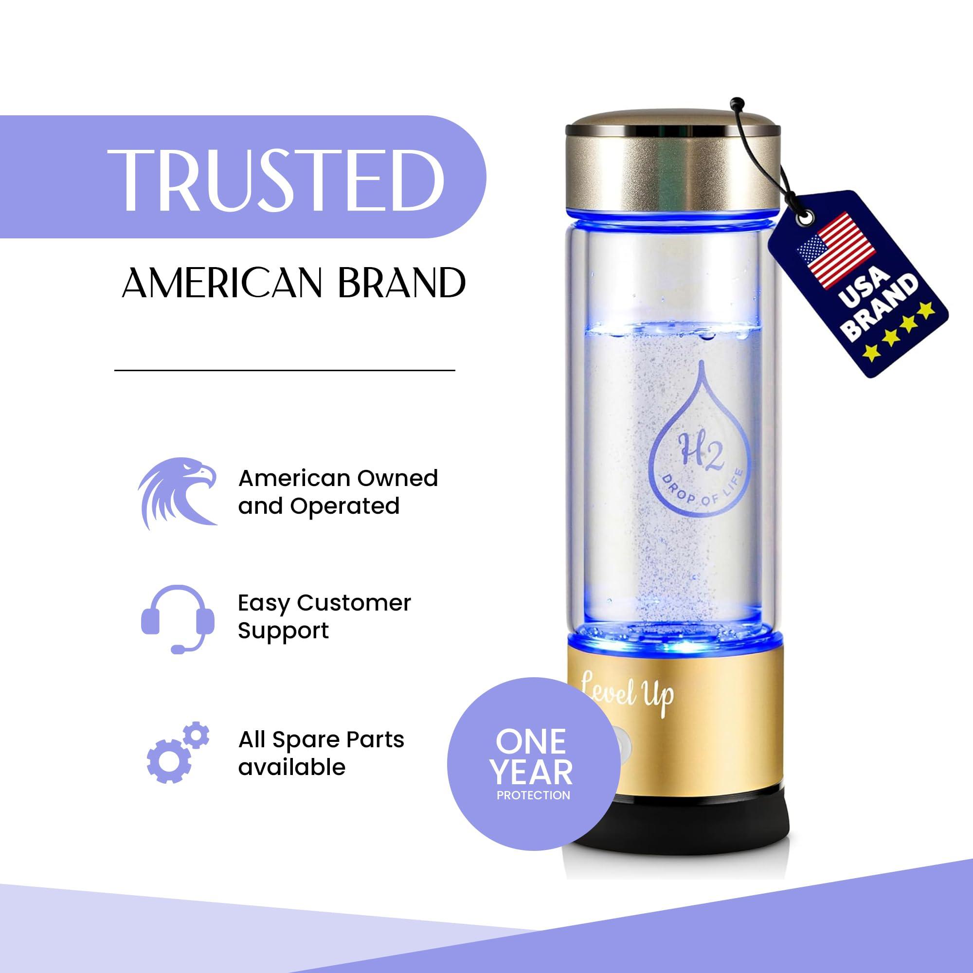 Level Up Way LevelUpWay 2025 Hydrogen Water Bottle Generator New Technology Glass with SPE PEM Ionic Membrane High Borosilicate Glass 13 Ounce (Gold) Premium Hydration Solution