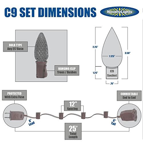 Novelty Lights 25 Foot C9 Multi Ceramic Christmas String Light Set - Outdoor Christmas Light String - Opaque Christmas Bulbs - Roofline Light String Outdoor String Lights - Brown Wire