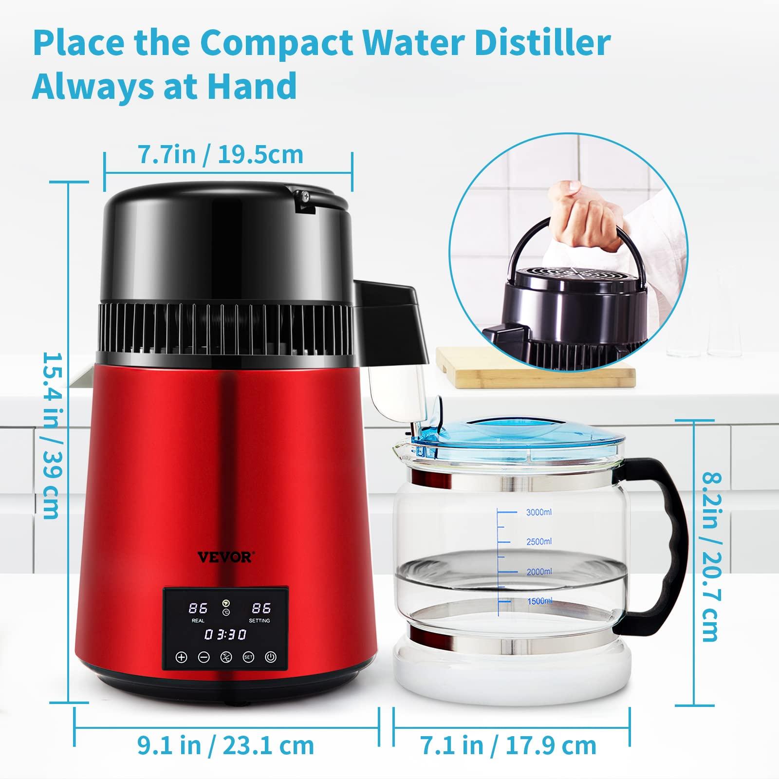 VEVOR VEVOR 1.1Gal Water Distiller, 0.3Gal/H, Distilled Water Maker Machine 750W 0-99H Timing Dual Temp Display, 304 Stainless Steel Countertop Distiller Glass Carafe Cleaning Powder 3 Carbon Packs, Red