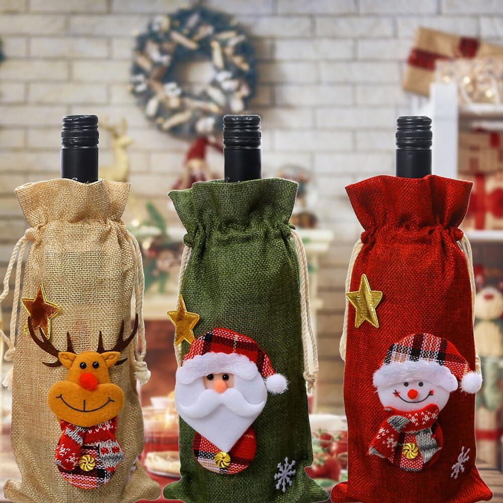 EUBUY EUBUY Christmas Wine Bottle Bags, 6 Pack Burlap Wine Bags Christmas Wine Gift Bags with Drawstring, Reusable Christmas Wine Bags for Wine Bottles for Xmas Christmas Holiday Dinner Party