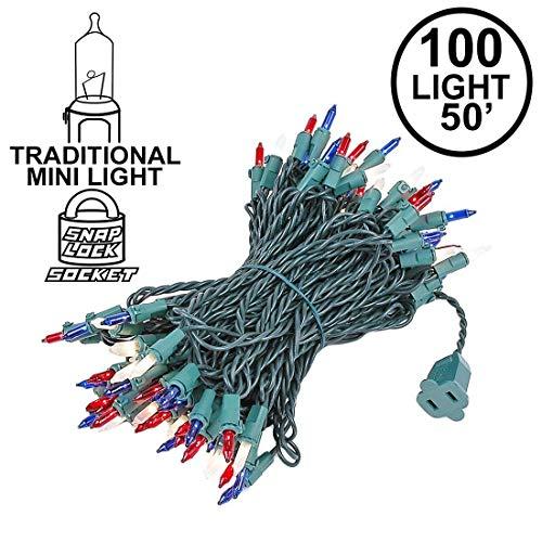Novelty Lights Novelty Lights 100 Light Red/White/Blue Christmas Mini String Light Set, Green Wire, Indoor/Outdoor UL Listed, 50' Long