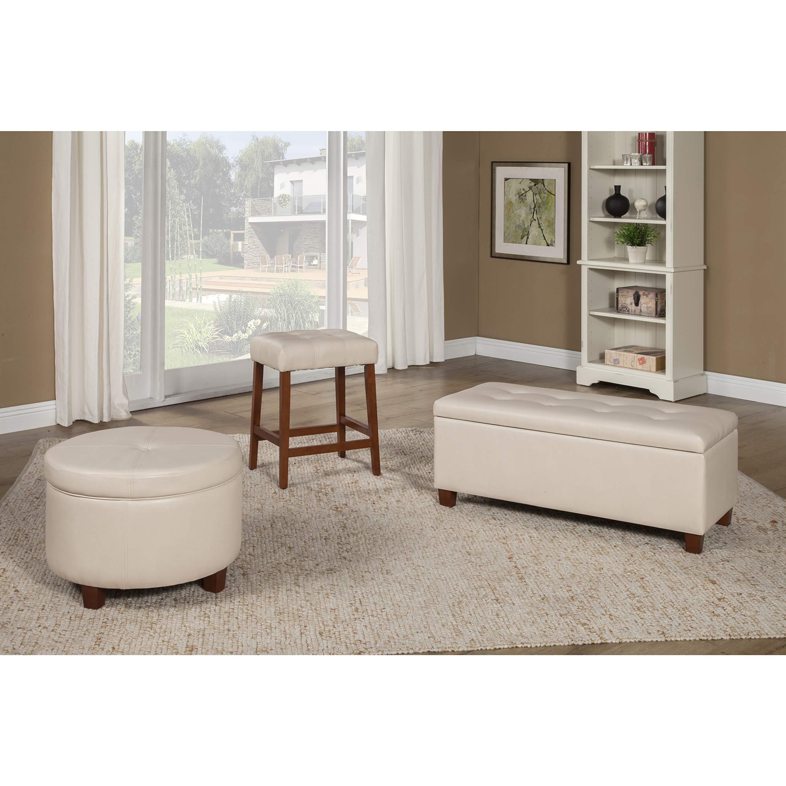 Unknown Large Ivory Faux Leather Round Storage Ottoman Cream Solid Transitional Foam Wood
