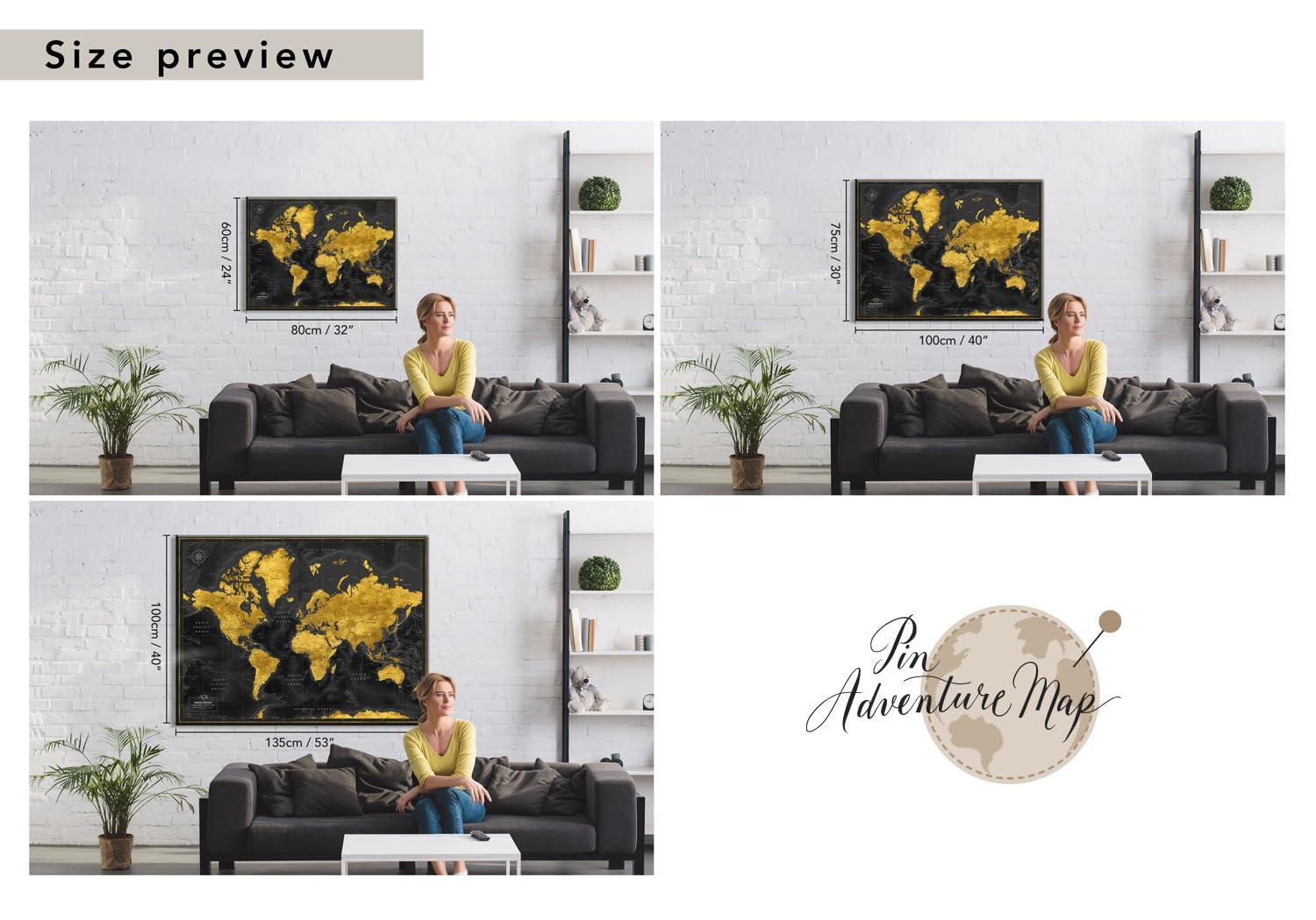 Pin Adventure map Push Pin World map with pins to mark travels - World Map pinboard - Gift for traveler & interior decor (40 x 30, Midnight Gold)