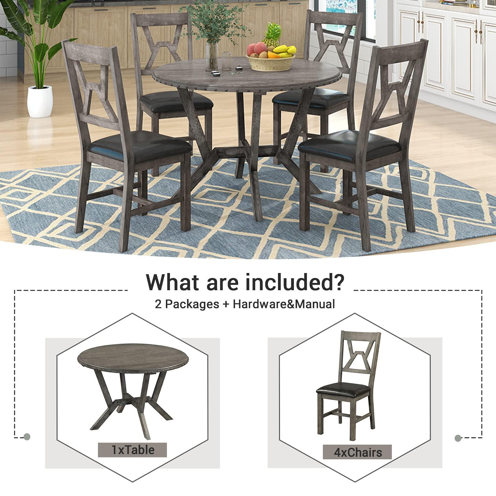 Bituman Wood Kitchen Table Set for 4, Round Dining Table with 4 Upholstered Chairs with Footrests Kitchen Dining Set with Cross Legs Farmhouse Counter Height Table Set, for Dining Room/Kitchen/Compact Space
