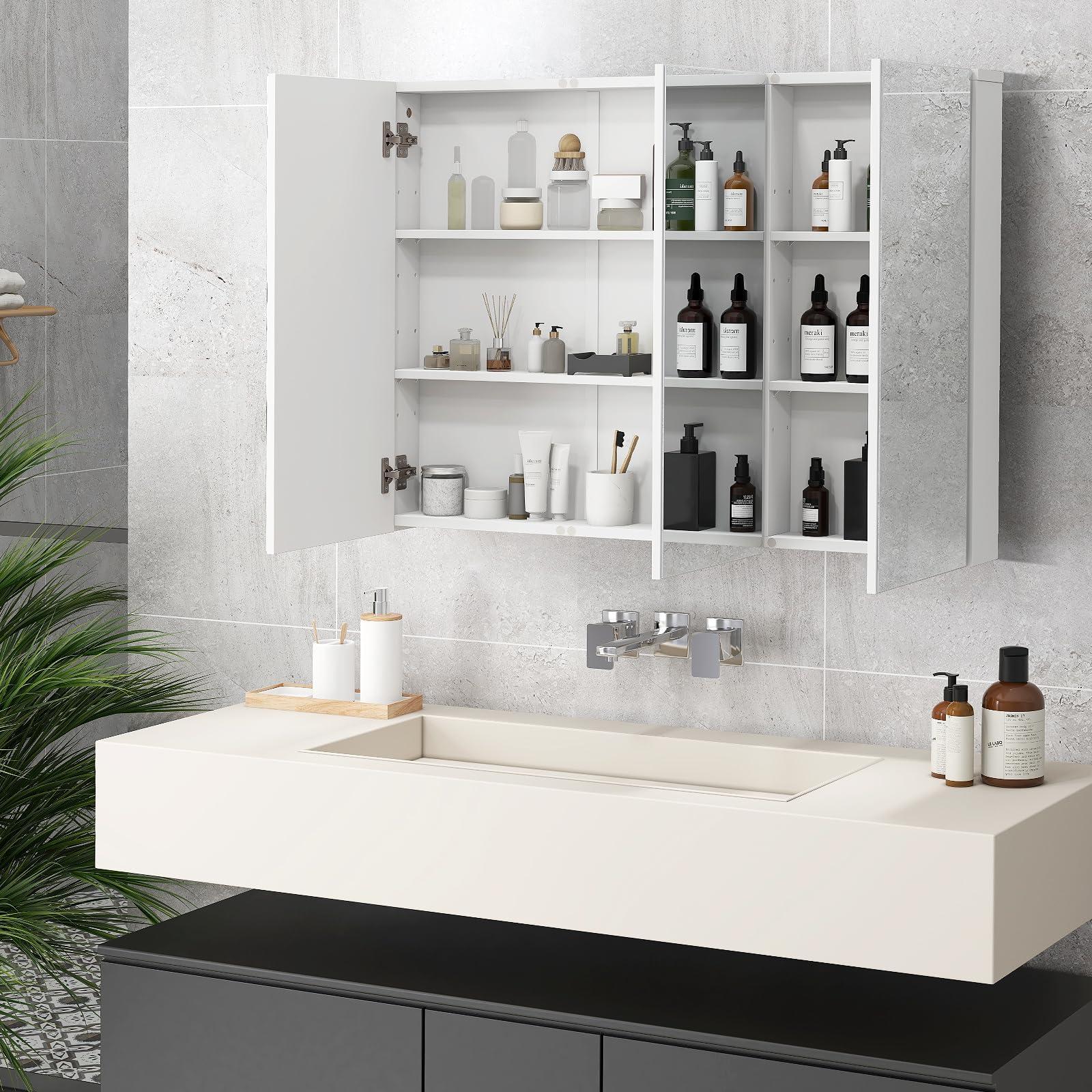 LOKO LOKO Large Bathroom Medicine Cabinet with Mirror, Wall Mounted Bathroom Cabinet with 3 Mirrored Doors & Adjustable Shelves, Triple Mirror Door Bathroom Wall Cabinet, 36 x 4.5 x 25.5 Inches