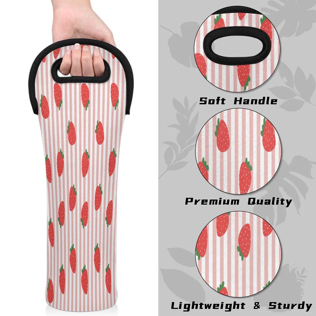 QsirBC Fruits Strawberries Pattern Wine Gift Tote Bag Neoprene Single Bottle Holder 750ml Wine Carrier Bags for Travel Wedding Festival Favors 5.1 X 15.6 In